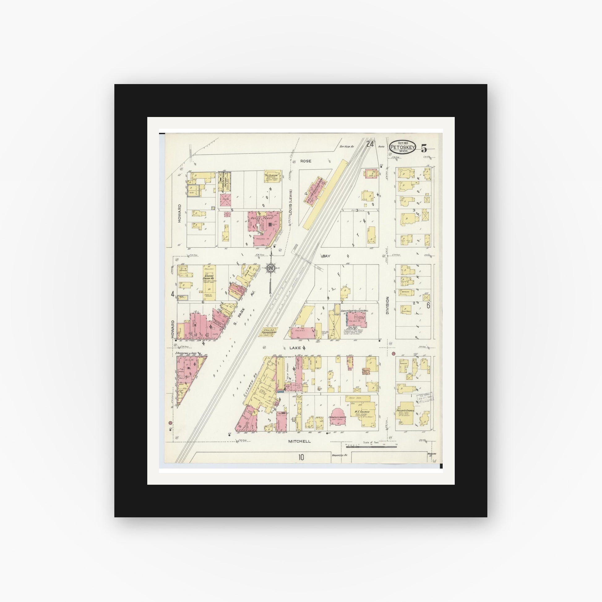 Old map wall art mockup — black gallery frame with white mat — Sanborn Fire Insurance Map from Petoskey, Emmet County, Michigan (1913), Sheet #0005