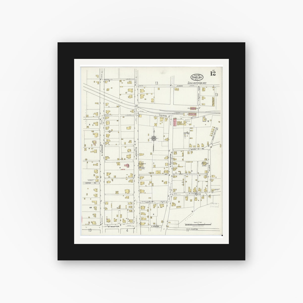 Old map wall art mockup — black gallery frame with white mat — Sanborn Fire Insurance Map from Shelby, Cleveland County, North Carolina (1921), Sheet #0012