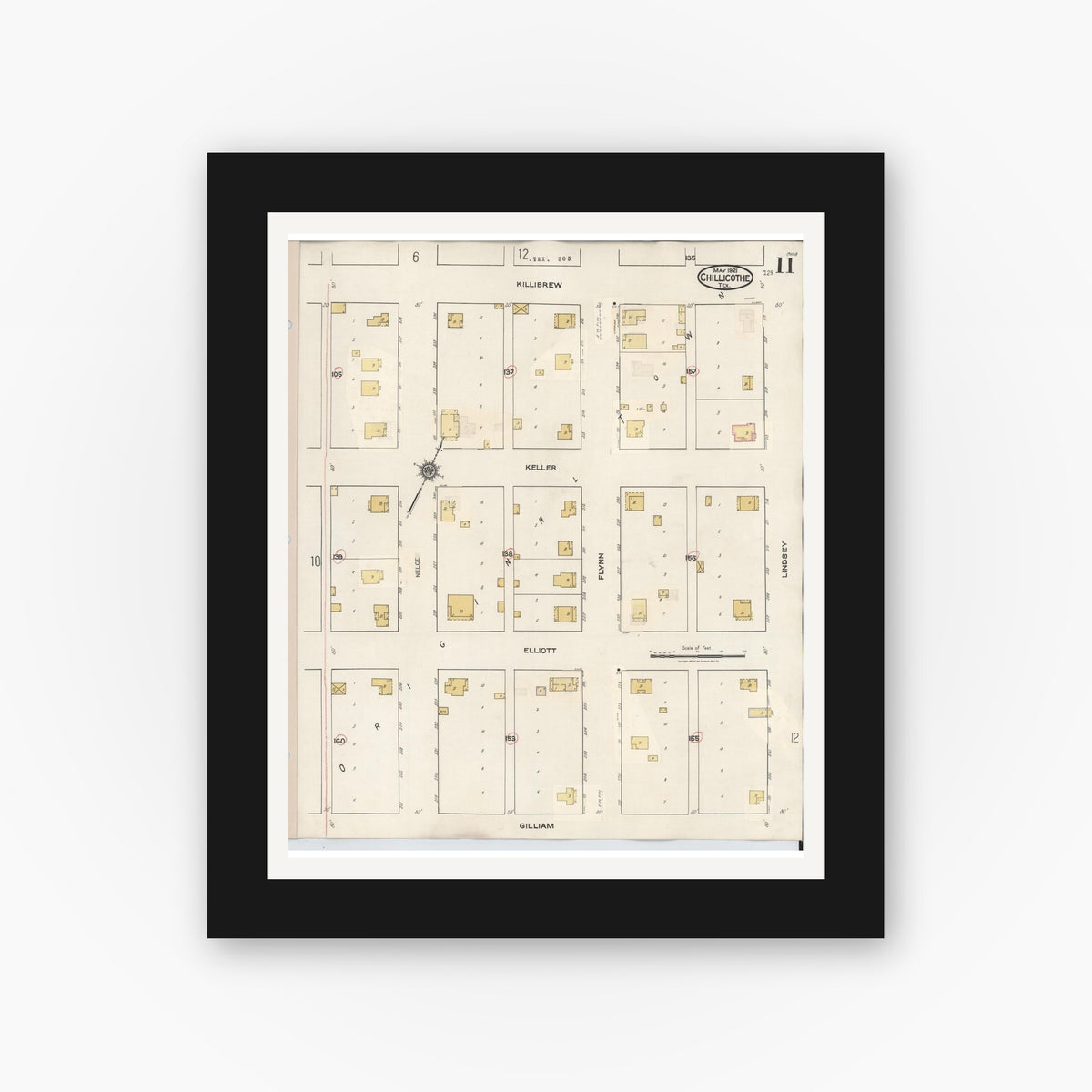 Old map wall art mockup — black gallery frame with white mat — Sanborn Fire Insurance Map from Chillicothe, Hardeman County, Texas (1941), Sheet #0011