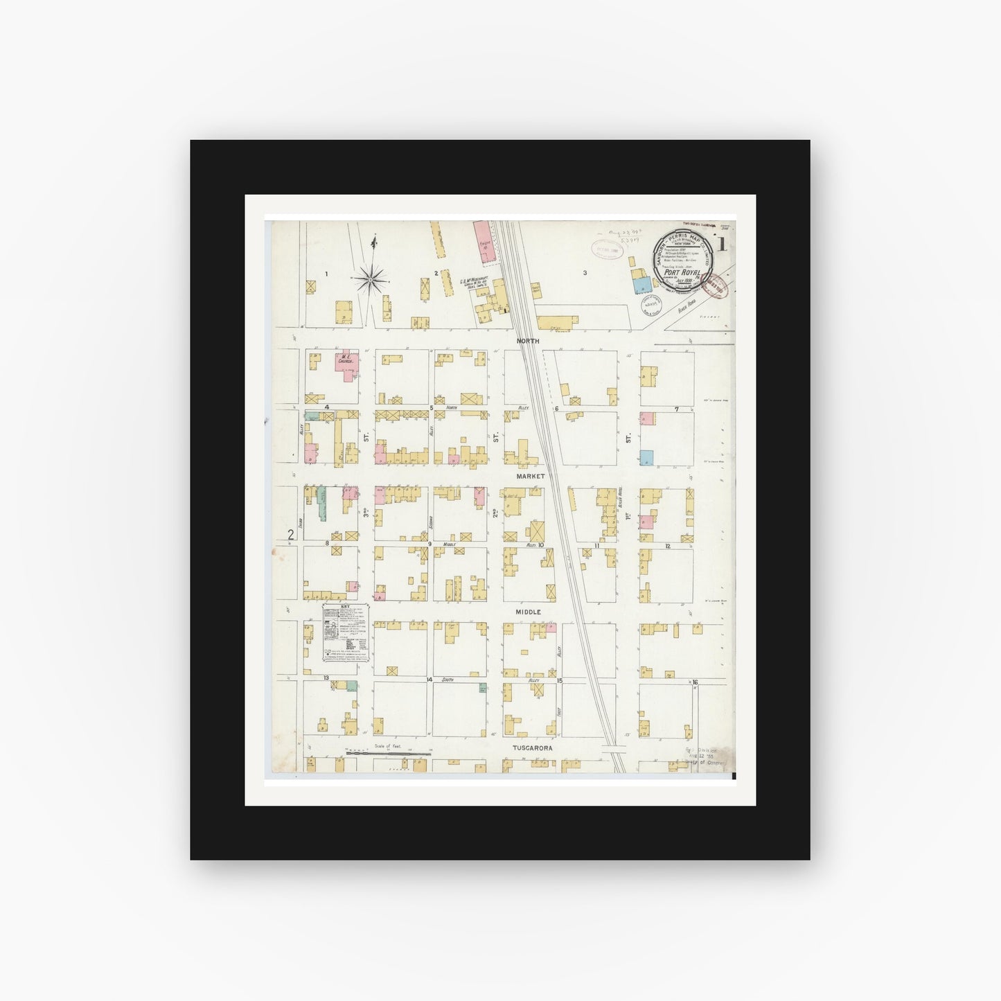 Old map wall art mockup — black gallery frame with white mat — Sanborn Fire Insurance Map from Port Royal, Juniata County, Pennsylvania (1899) - Complete Map Set
