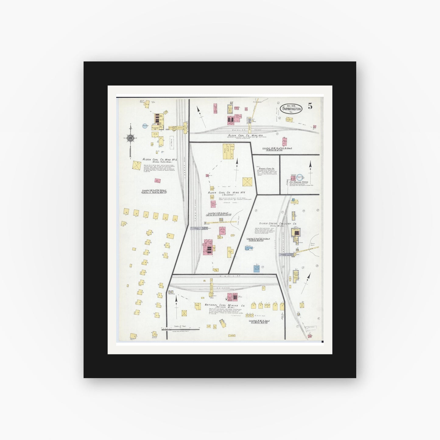 Old map wall art mockup — black gallery frame with white mat — Sanborn Fire Insurance Map from Farmington, Fulton County, Illinois (1918), Sheet #0005