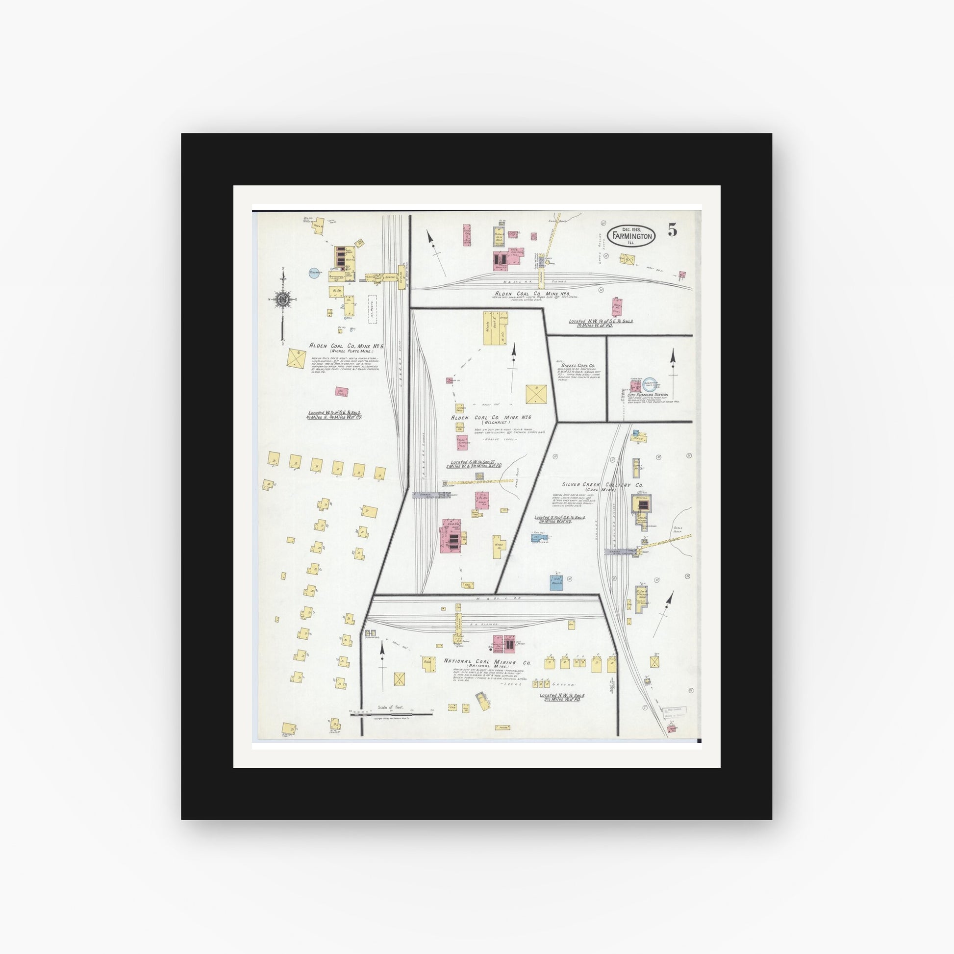 Old map wall art mockup — black gallery frame with white mat — Sanborn Fire Insurance Map from Farmington, Fulton County, Illinois (1918), Sheet #0005