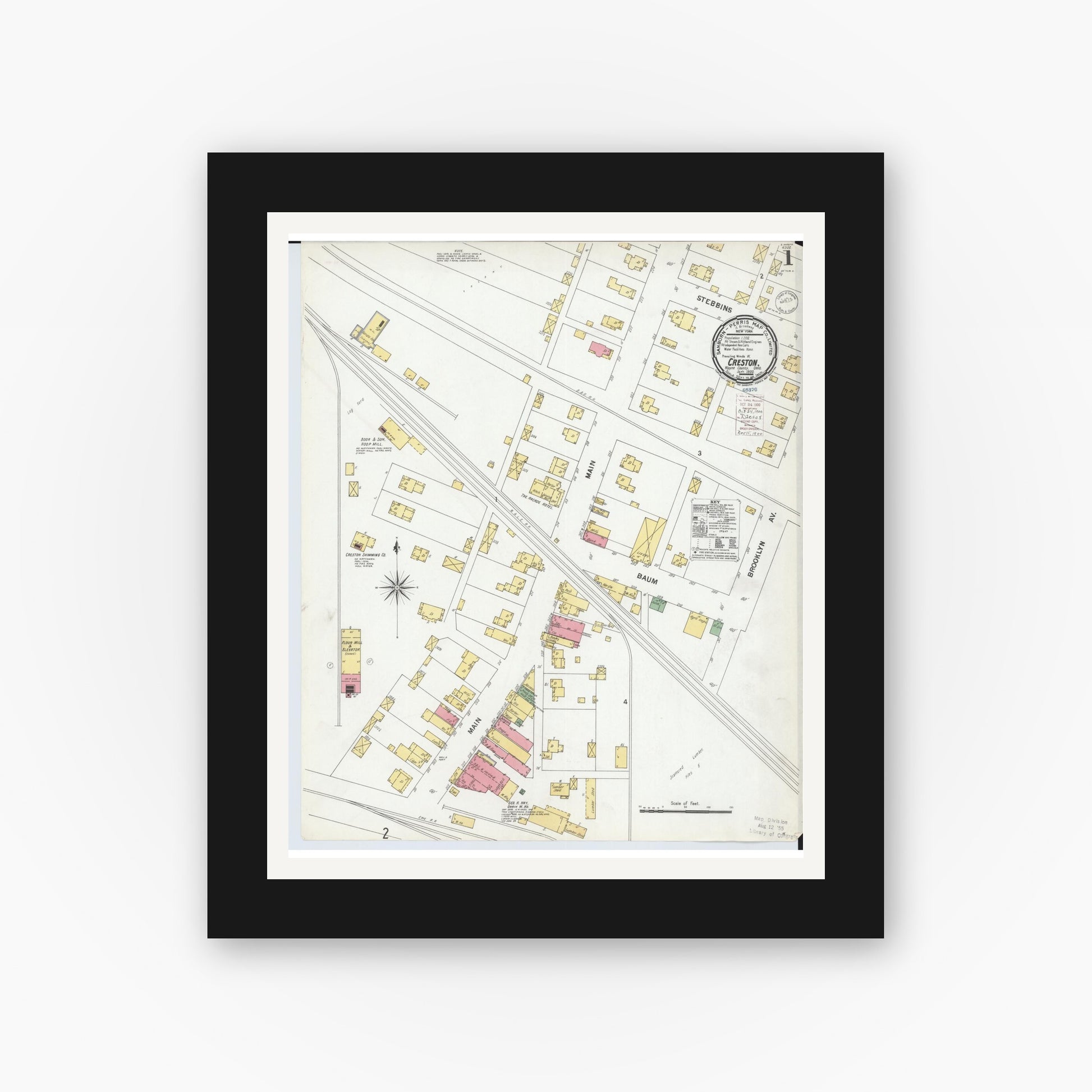 Old map wall art mockup — black gallery frame with white mat — Sanborn Fire Insurance Map from Creston, Wayne County, Ohio (1900), Sheet #0001