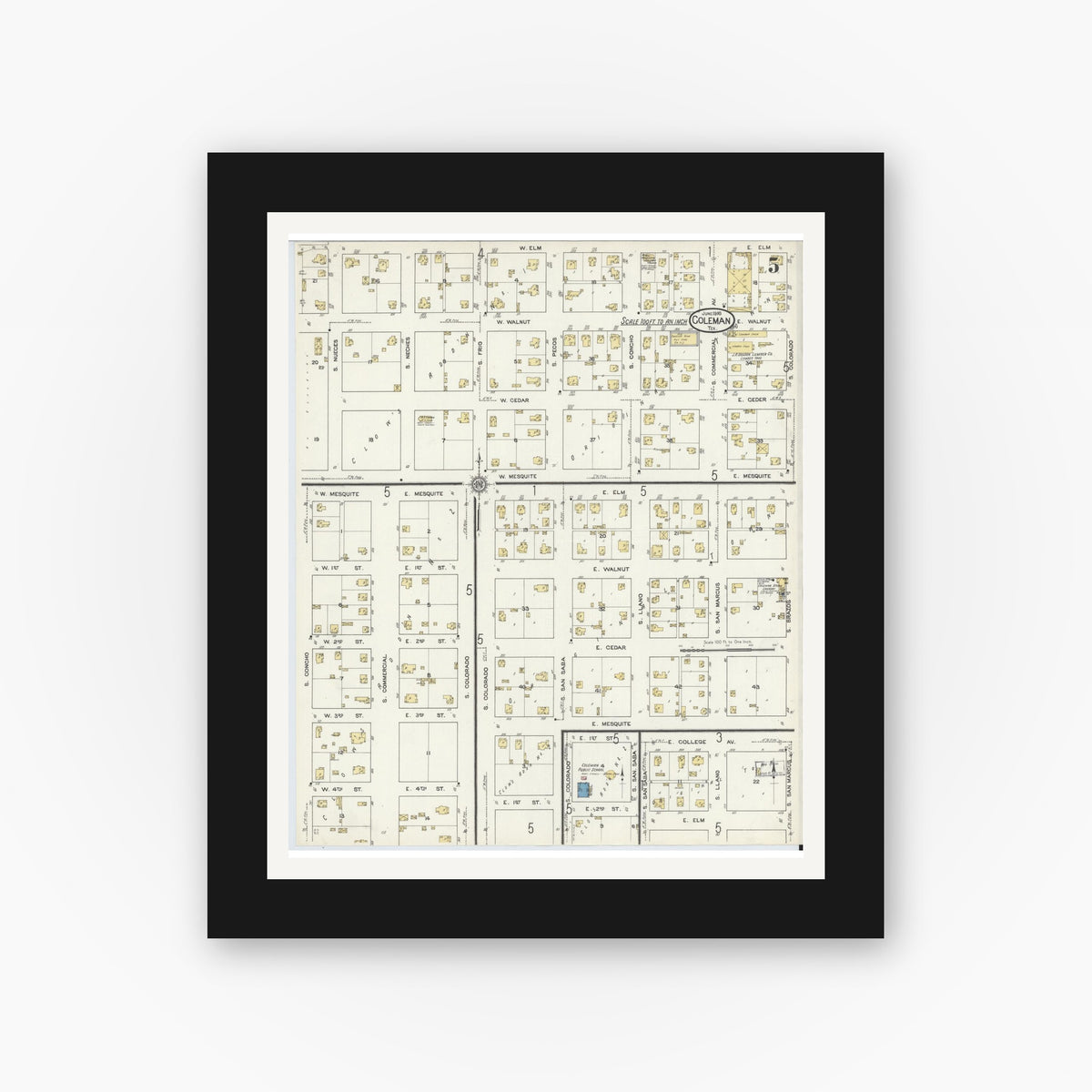 Old map wall art mockup — black gallery frame with white mat — Sanborn Fire Insurance Map from Coleman, Coleman County, Texas (1916), Sheet #0005