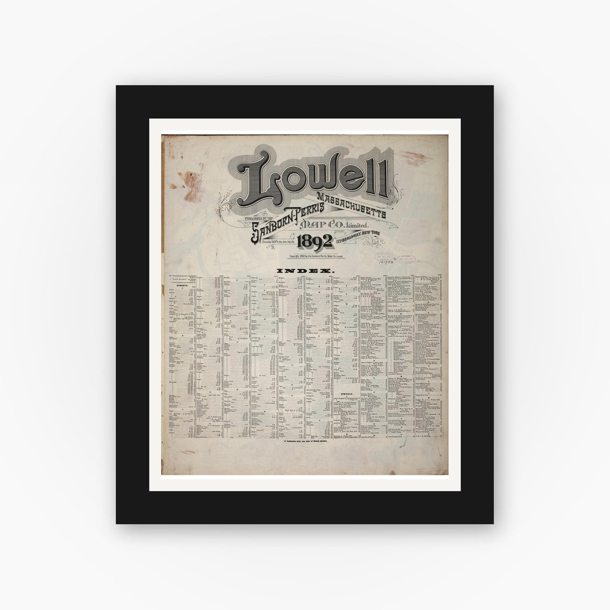 Old map wall art mockup — black gallery frame with white mat — Sanborn Fire Insurance Map from Lowell, Middlesex County, Massachusetts (1892), Sheet #0001