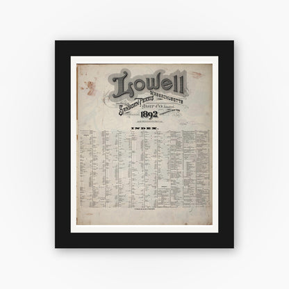 Old map wall art mockup — black gallery frame with white mat — Sanborn Fire Insurance Map from Lowell, Middlesex County, Massachusetts (1892), Sheet #0001