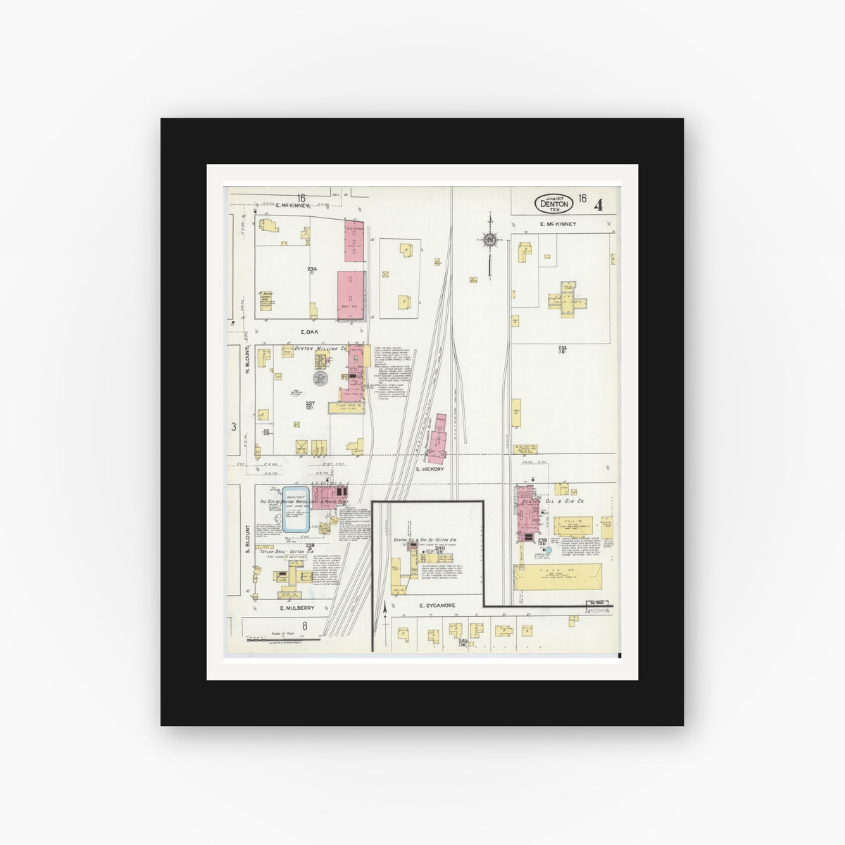 Old map wall art mockup — black gallery frame with white mat — Sanborn Fire Insurance Map from Denton, Denton County, Texas (1917), Sheet #0004