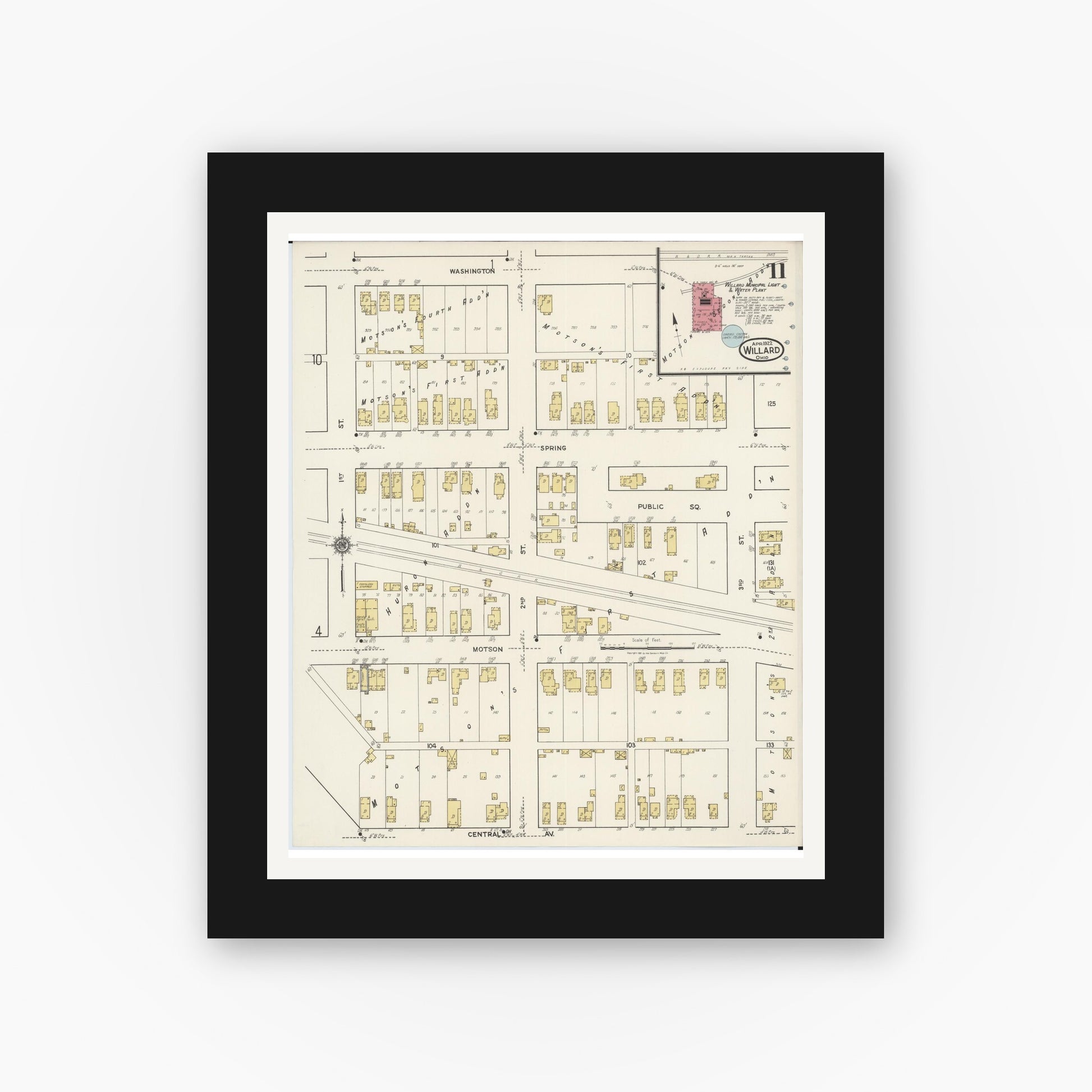 Old map wall art mockup — black gallery frame with white mat — Sanborn Fire Insurance Map from Willard, Huron County, Ohio (1922), Sheet #0011