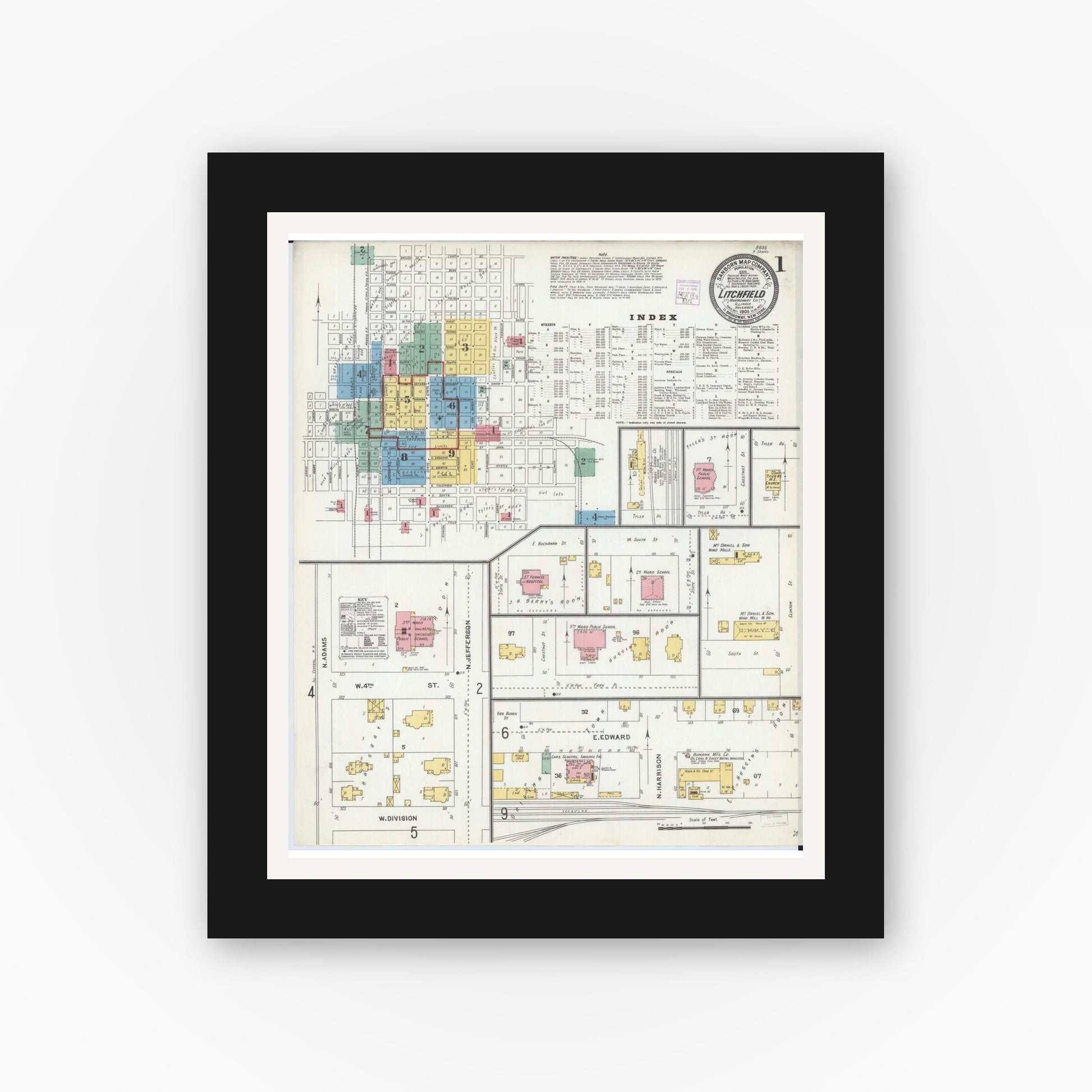 Old map wall art mockup — black gallery frame with white mat — Sanborn Fire Insurance Map from Litchfield, Montgomery County, Illinois (1905), Sheet #0001