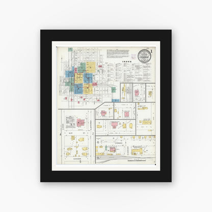Old map wall art mockup — black gallery frame with white mat — Sanborn Fire Insurance Map from Litchfield, Montgomery County, Illinois (1905), Sheet #0001