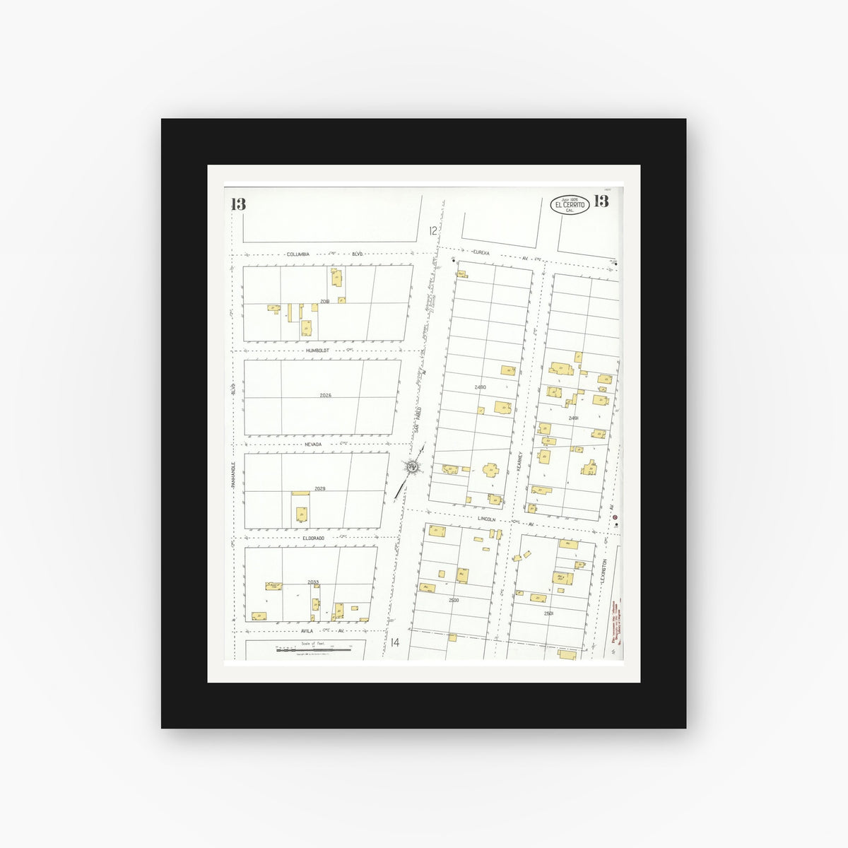 Old map wall art mockup — black gallery frame with white mat — Sanborn Fire Insurance Map from El Cerrito, Contra Costa County, California (1926), Sheet #0013