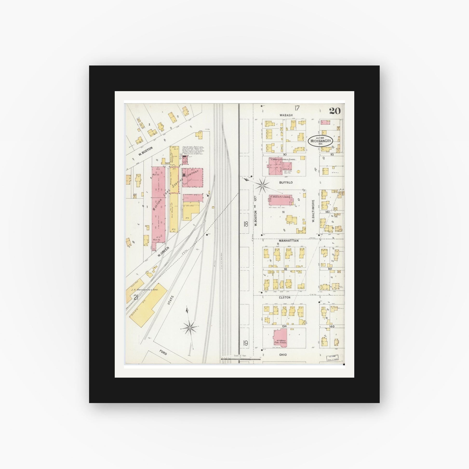 Old map wall art mockup — black gallery frame with white mat — Sanborn Fire Insurance Map from Michigan City, La Porte County, Indiana (1899), Sheet #0020