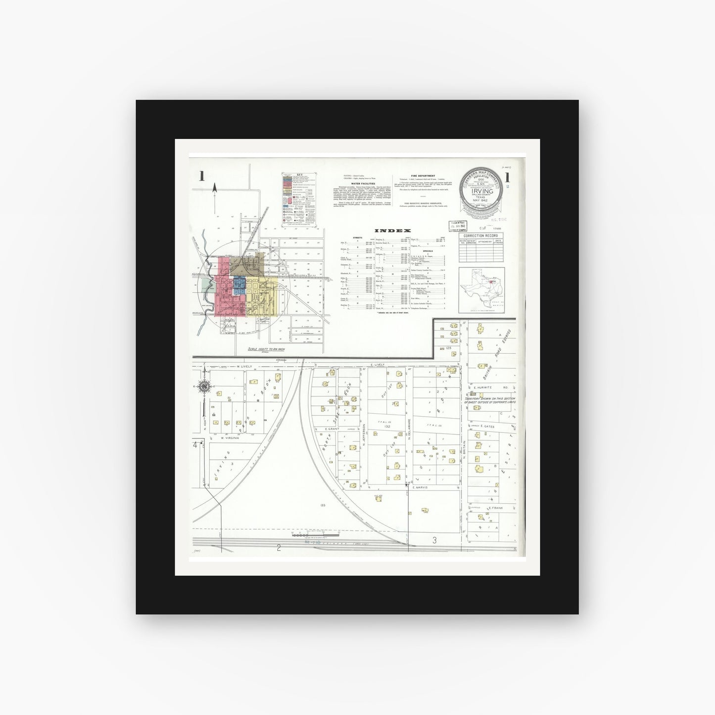 Old map wall art mockup — black gallery frame with white mat — Sanborn Fire Insurance Map from Irving, Dallas County, Texas (1942), Sheet #0001