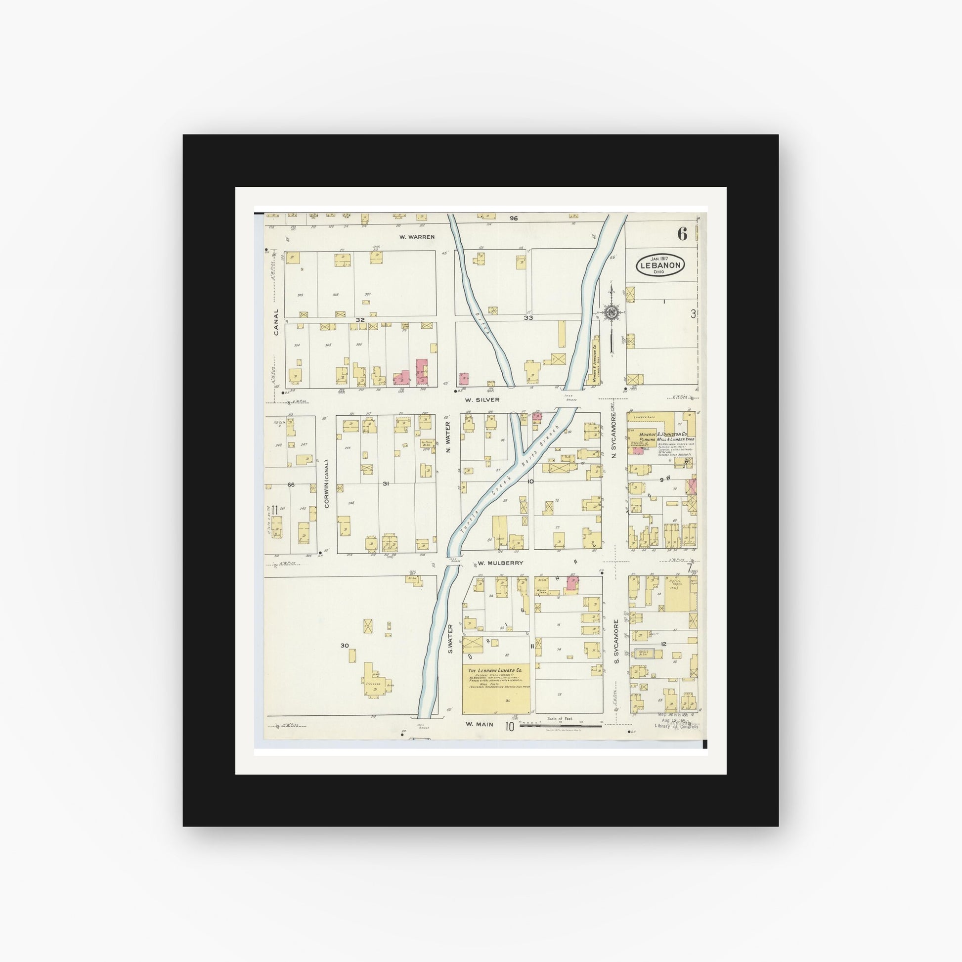 Old map wall art mockup — black gallery frame with white mat — Sanborn Fire Insurance Map from Lebanon, Warren County, Ohio (1917), Sheet #0006