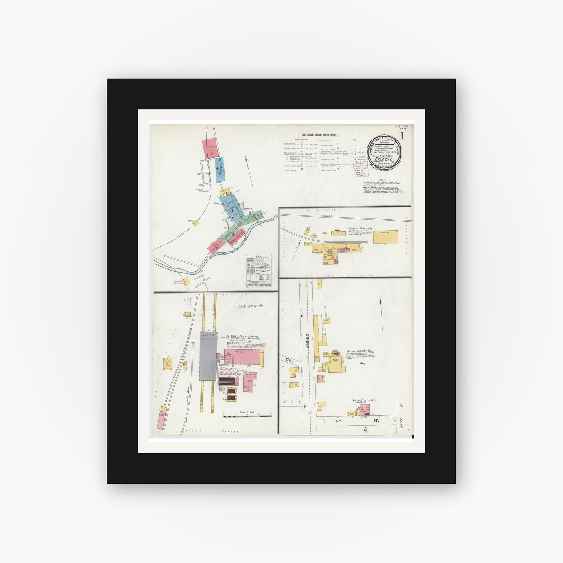 Old map wall art mockup — black gallery frame with white mat — Sanborn Fire Insurance Map from Everett, Bedford County, Pennsylvania (1900) - Complete Map Set