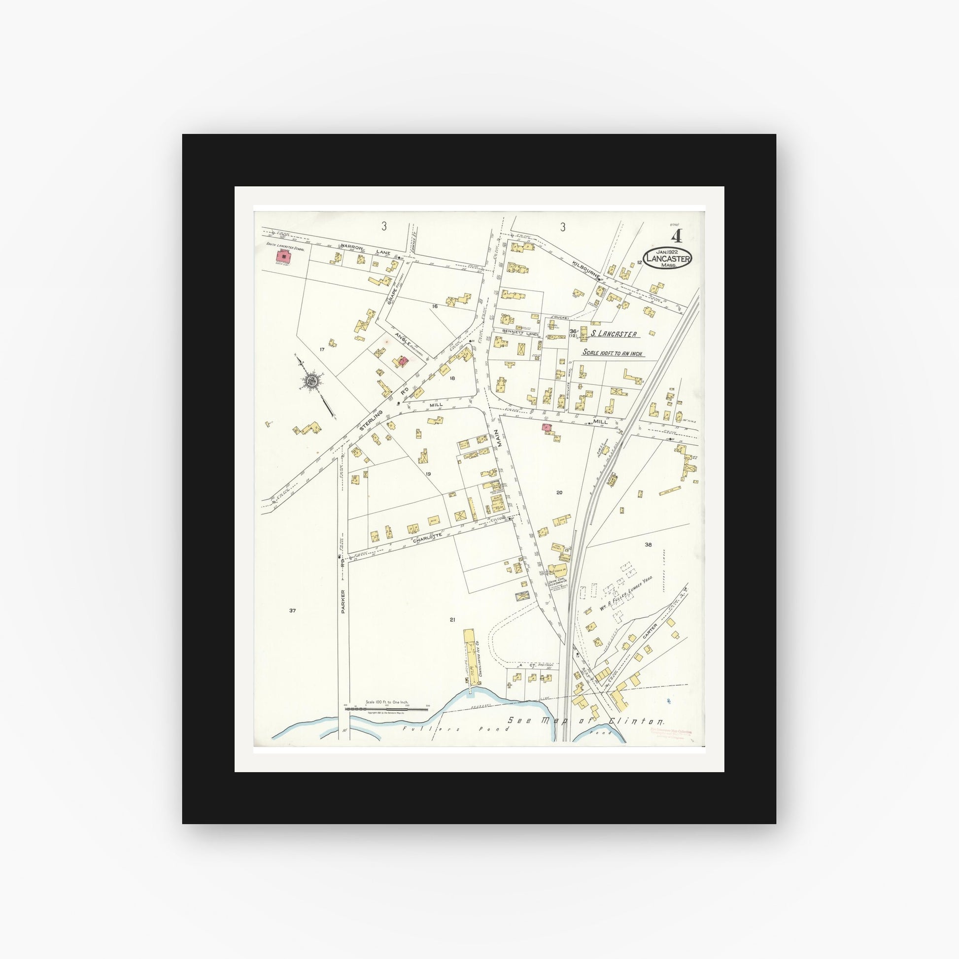 Old map wall art mockup — black gallery frame with white mat — Sanborn Fire Insurance Map from Lancaster, Worcester County, Massachusetts (1922), Sheet #0004