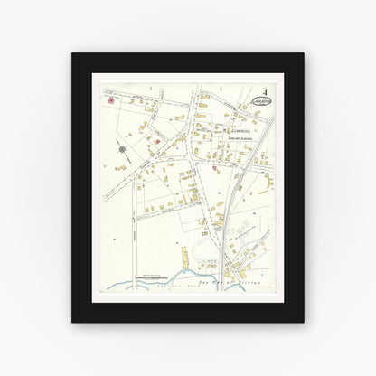 Old map wall art mockup — black gallery frame with white mat — Sanborn Fire Insurance Map from Lancaster, Worcester County, Massachusetts (1922), Sheet #0004