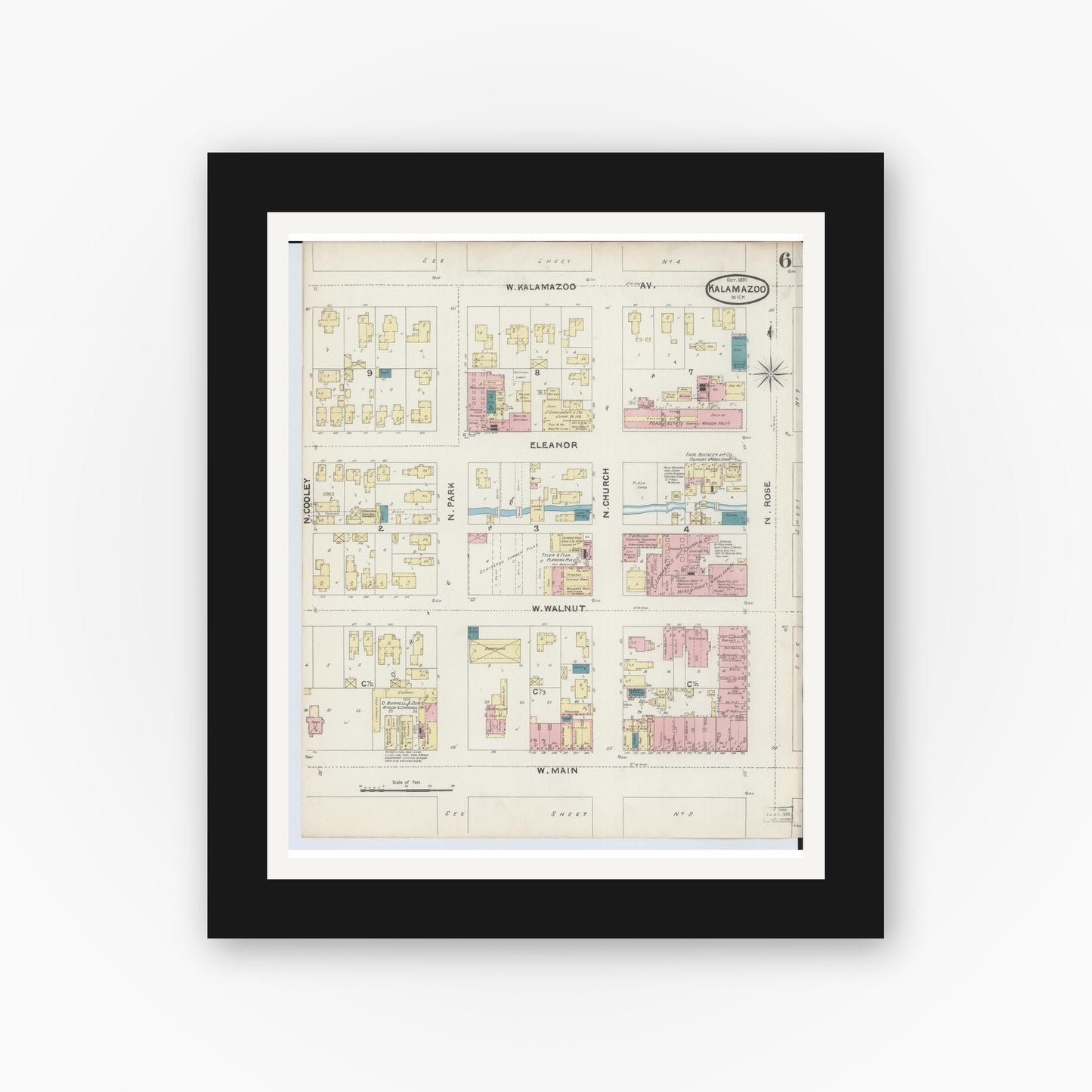 Old map wall art mockup — black gallery frame with white mat — Sanborn Fire Insurance Map from Kalamazoo, Kalamazoo County, Michigan (1891), Sheet #0006