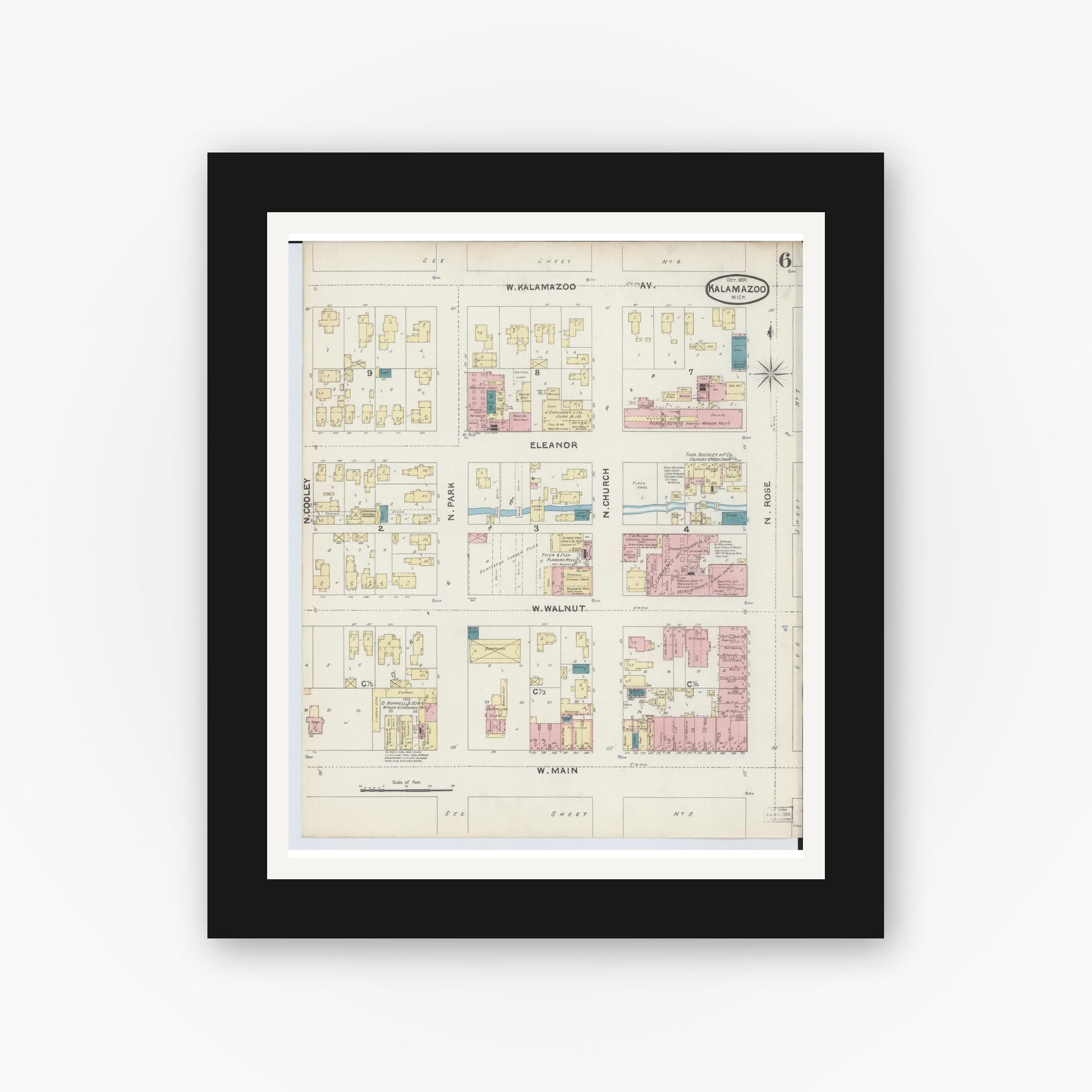 Old map wall art mockup — black gallery frame with white mat — Sanborn Fire Insurance Map from Kalamazoo, Kalamazoo County, Michigan (1891), Sheet #0006