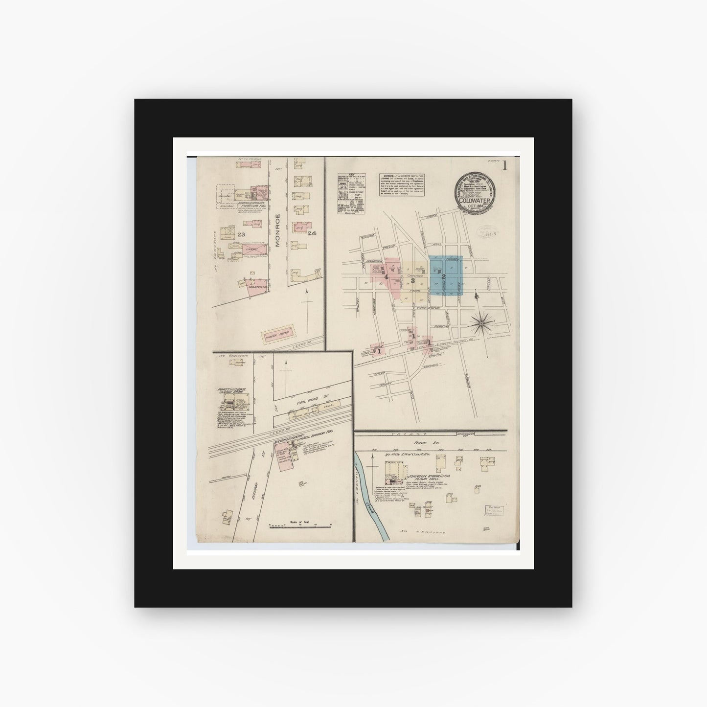 Old map wall art mockup — black gallery frame with white mat — Sanborn Fire Insurance Map from Coldwater, Branch County, Michigan (1884) - Complete Map Set
