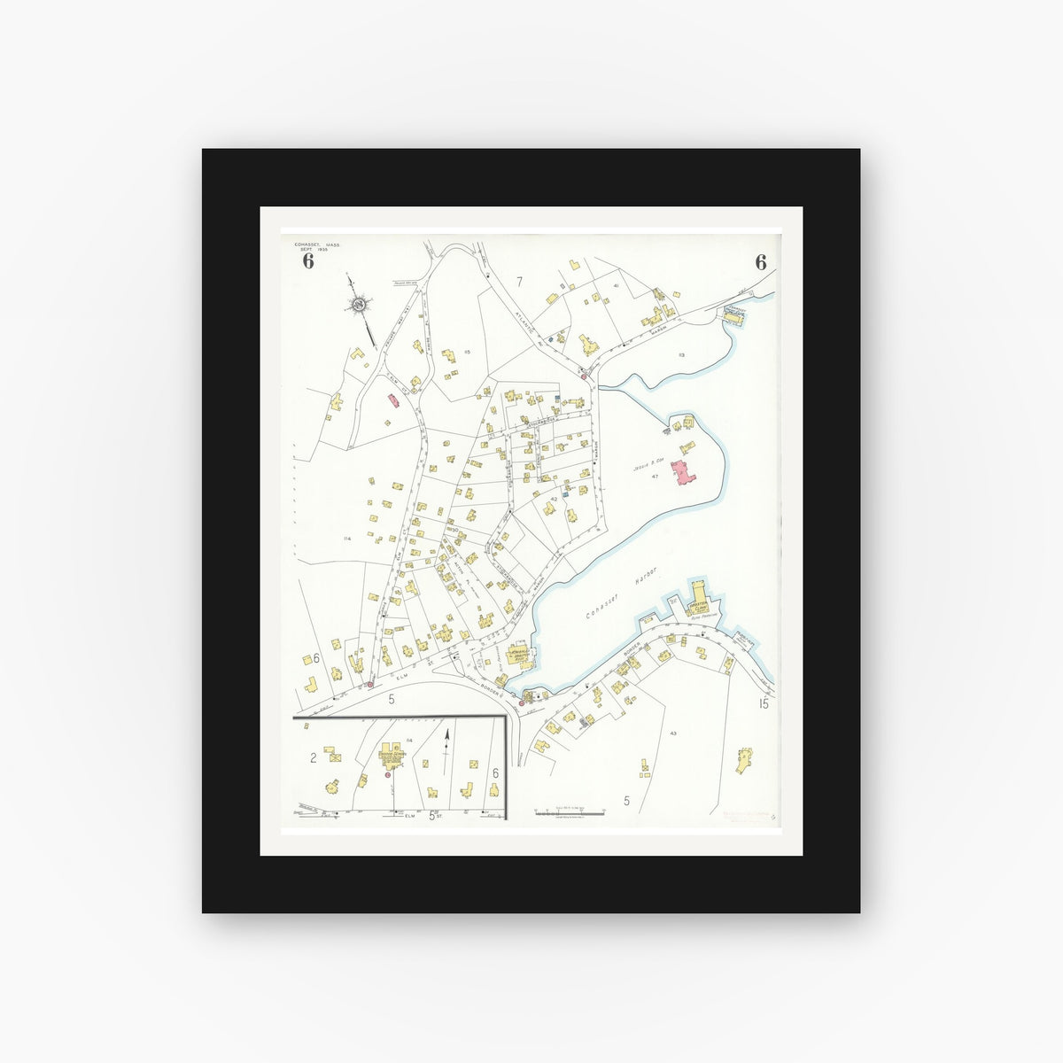 Old map wall art mockup — black gallery frame with white mat — Sanborn Fire Insurance Map from Cohasset, Norfolk County, Massachusetts (1935), Sheet #0006