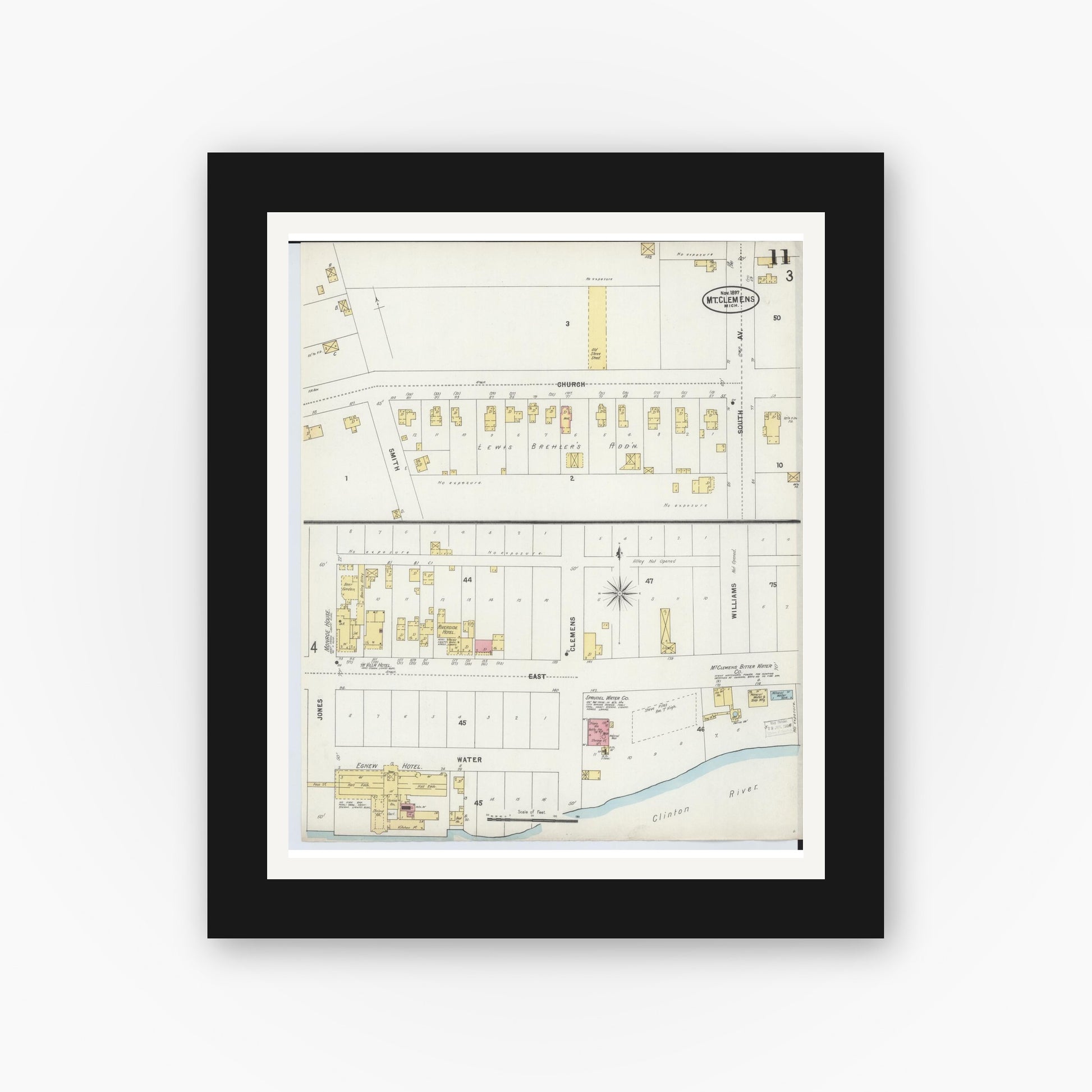 Old map wall art mockup — black gallery frame with white mat — Sanborn Fire Insurance Map from Mount Clemens, Macomb County, Michigan (1897), Sheet #0011