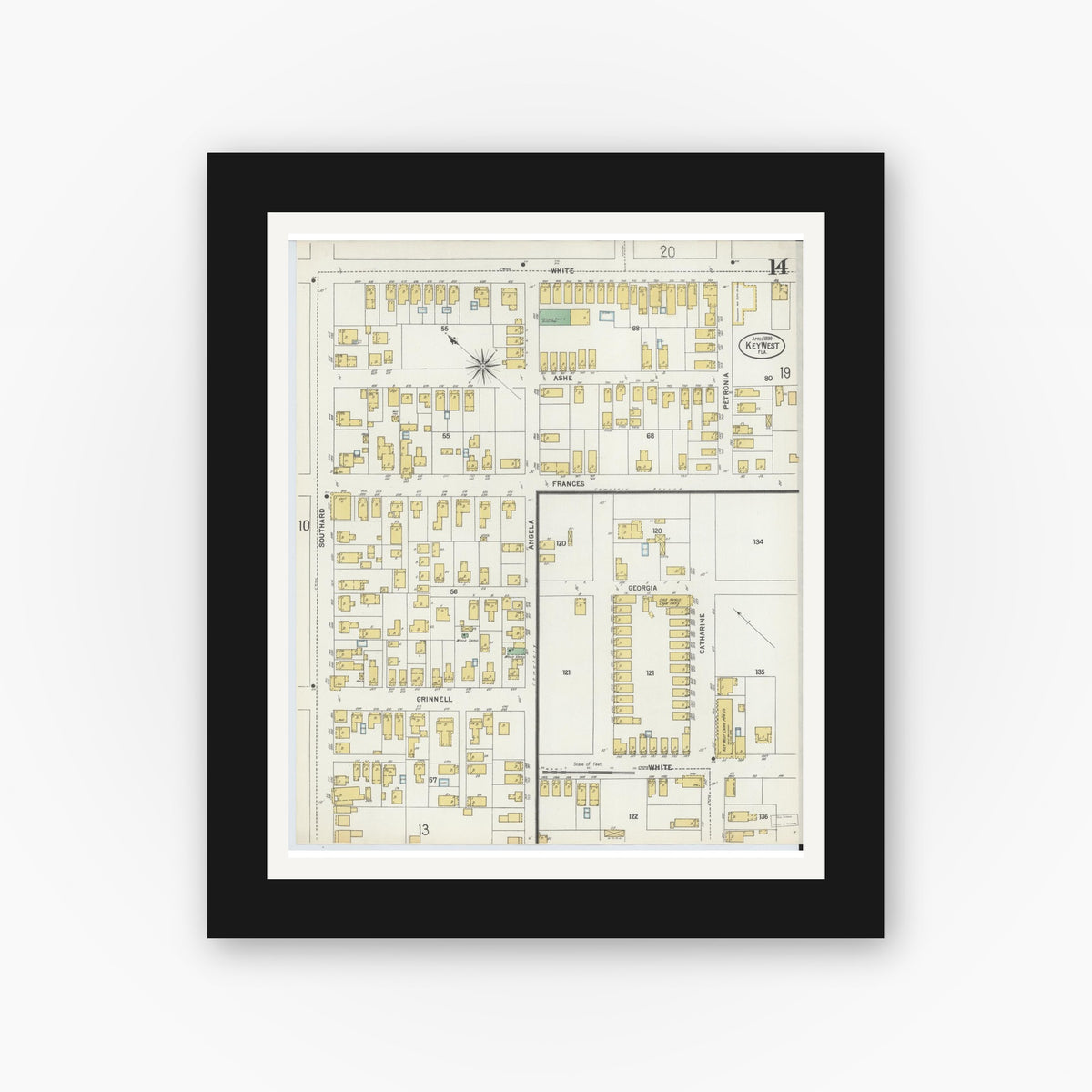 Old map wall art mockup — black gallery frame with white mat — Sanborn Fire Insurance Map from Key West, Monroe County, Florida (1899), Sheet #0014