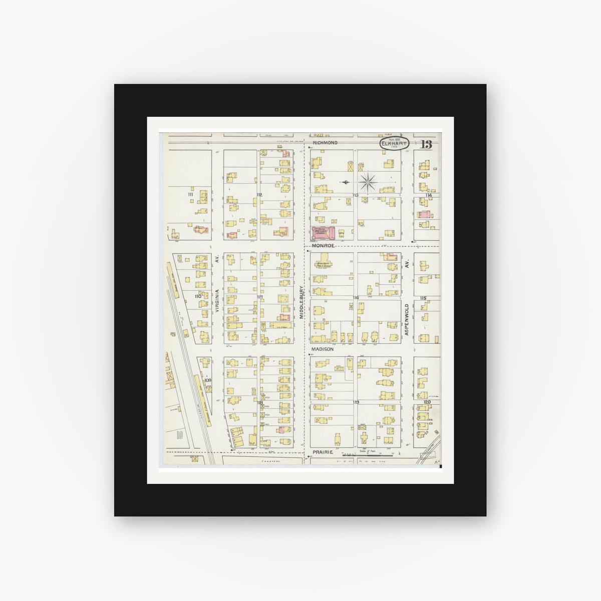 Old map wall art mockup — black gallery frame with white mat — Sanborn Fire Insurance Map from Elkhart, Elkhart County, Indiana (1892), Sheet #0013
