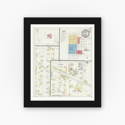 Old map wall art mockup — black gallery frame with white mat — Sanborn Fire Insurance Map from Bourbon, Marshall County, Indiana (1899), Sheet #0001
