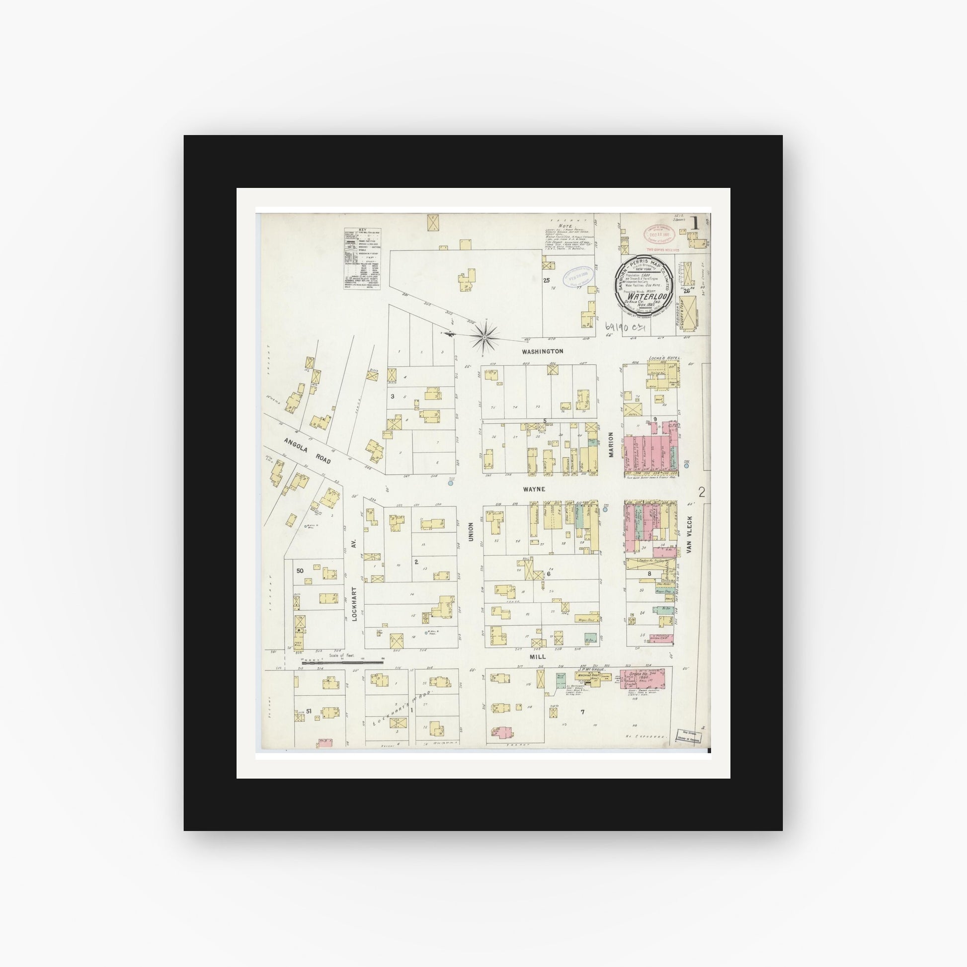 Old map wall art mockup — black gallery frame with white mat — Sanborn Fire Insurance Map from Waterloo, De Kalb County, Indiana (1897) - Complete Map Set