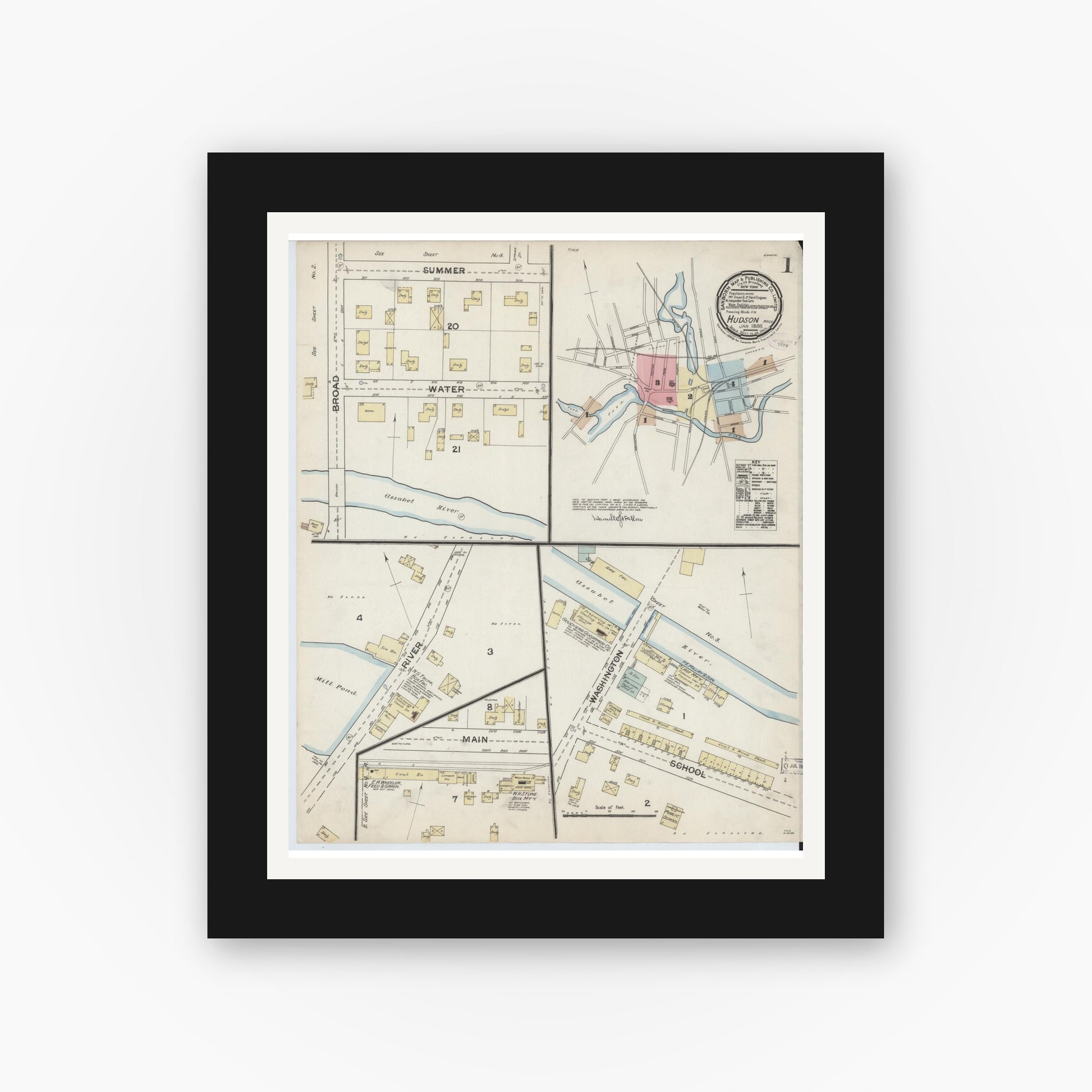 Old map wall art mockup — black gallery frame with white mat — Sanborn Fire Insurance Map from Hudson, Middlesex County, Massachusetts (1888), Sheet #0001