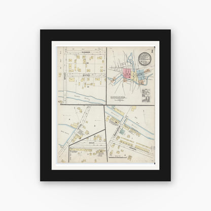 Old map wall art mockup — black gallery frame with white mat — Sanborn Fire Insurance Map from Hudson, Middlesex County, Massachusetts (1888), Sheet #0001
