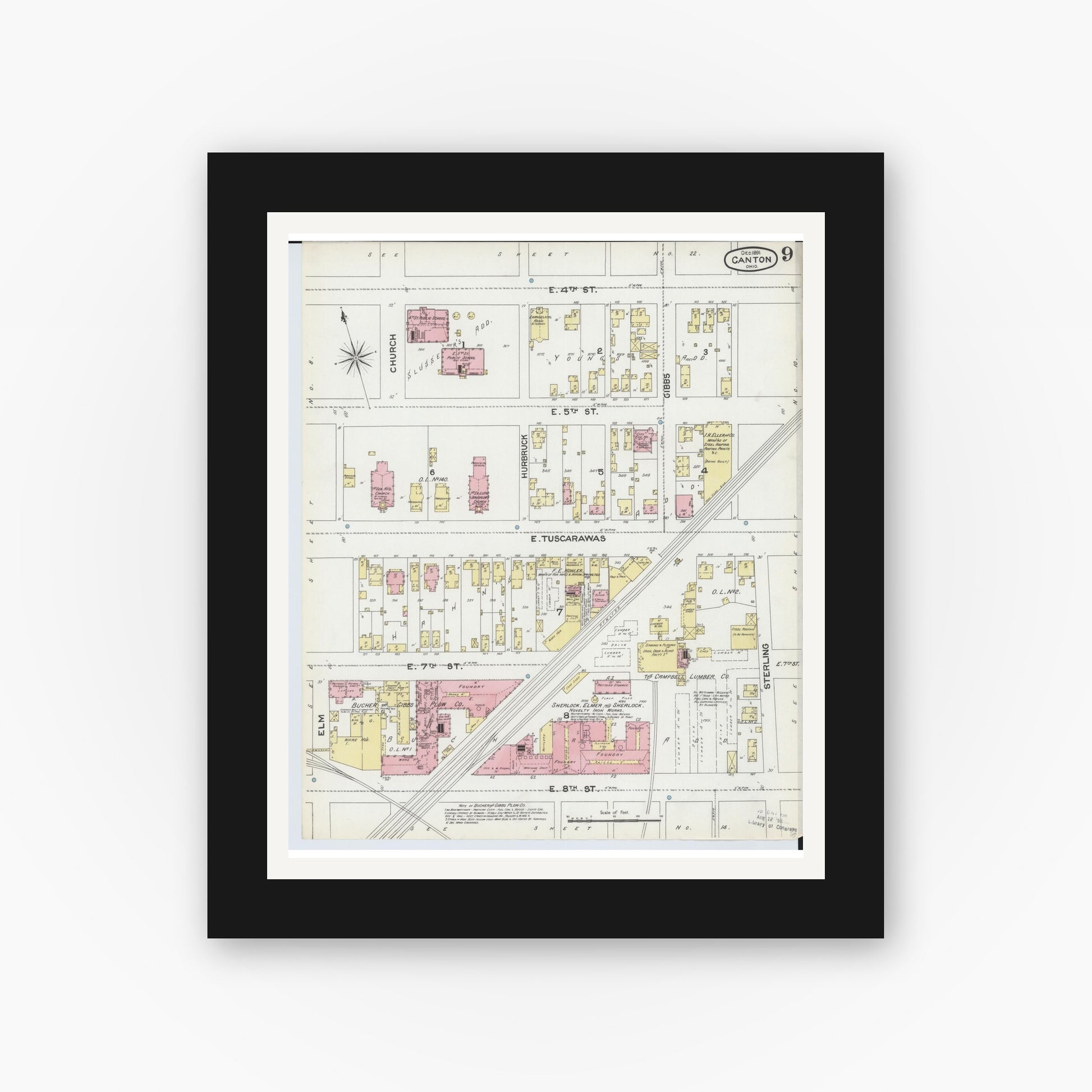 Old map wall art mockup — black gallery frame with white mat — Sanborn Fire Insurance Map from Canton, Stark County, Ohio (1891), Sheet #0009