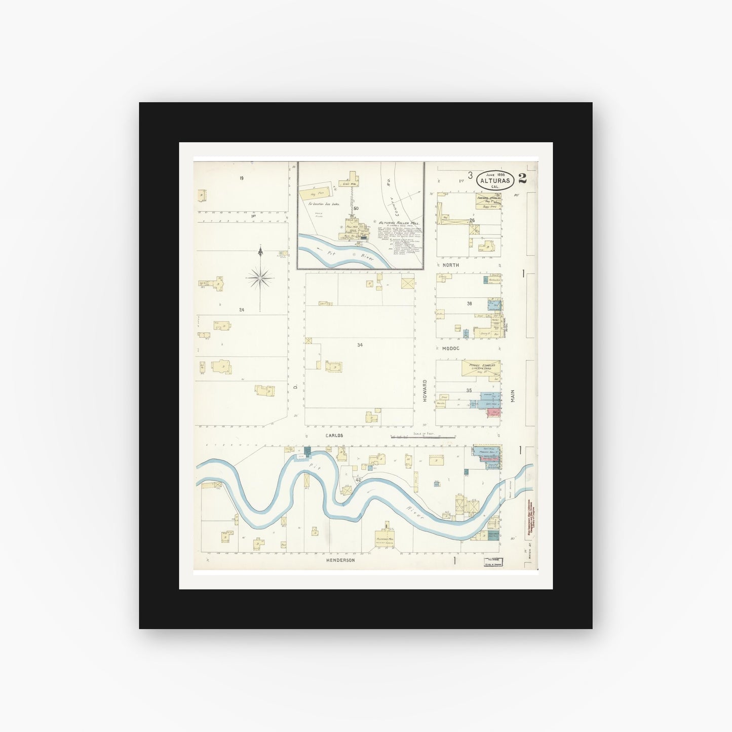 Old map wall art mockup — black gallery frame with white mat — Sanborn Fire Insurance Map from Alturas, Modoc County, California (1898), Sheet #0002