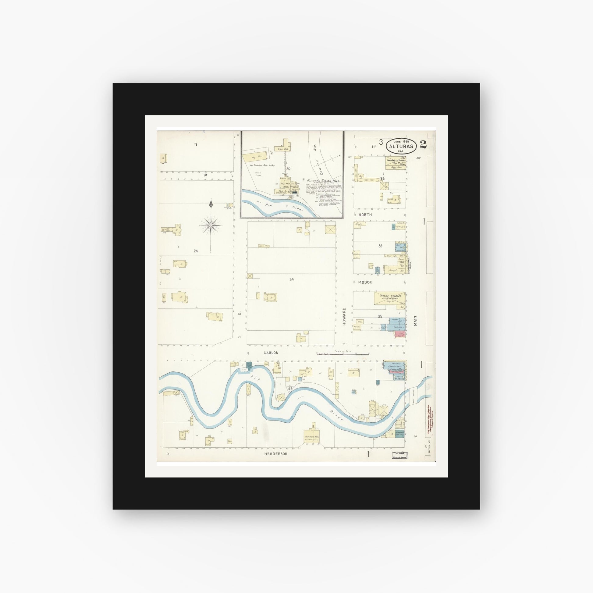 Old map wall art mockup — black gallery frame with white mat — Sanborn Fire Insurance Map from Alturas, Modoc County, California (1898), Sheet #0002