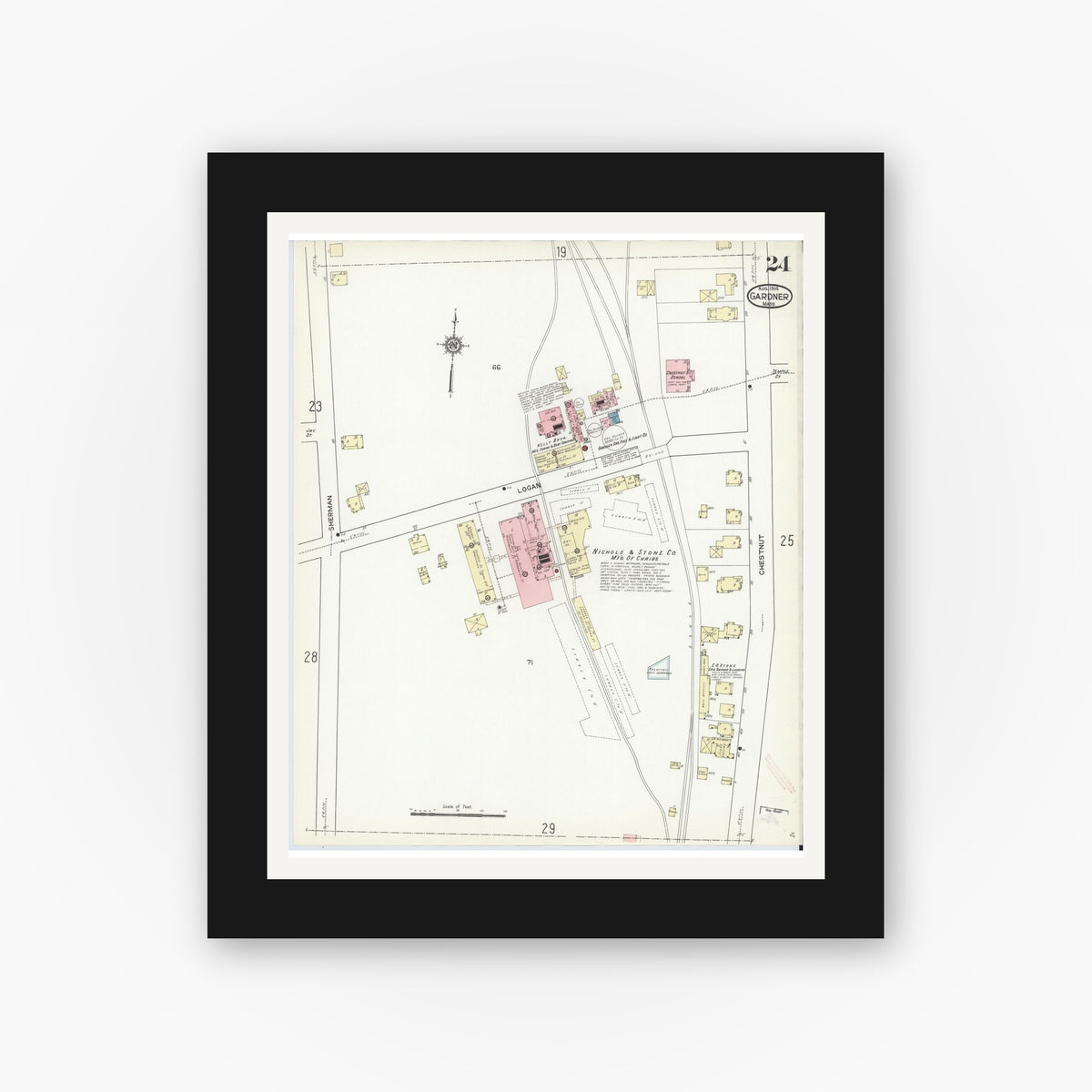 Old map wall art mockup — black gallery frame with white mat — Sanborn Fire Insurance Map from Gardner, Worcester County, Massachusetts (1914), Sheet #0024