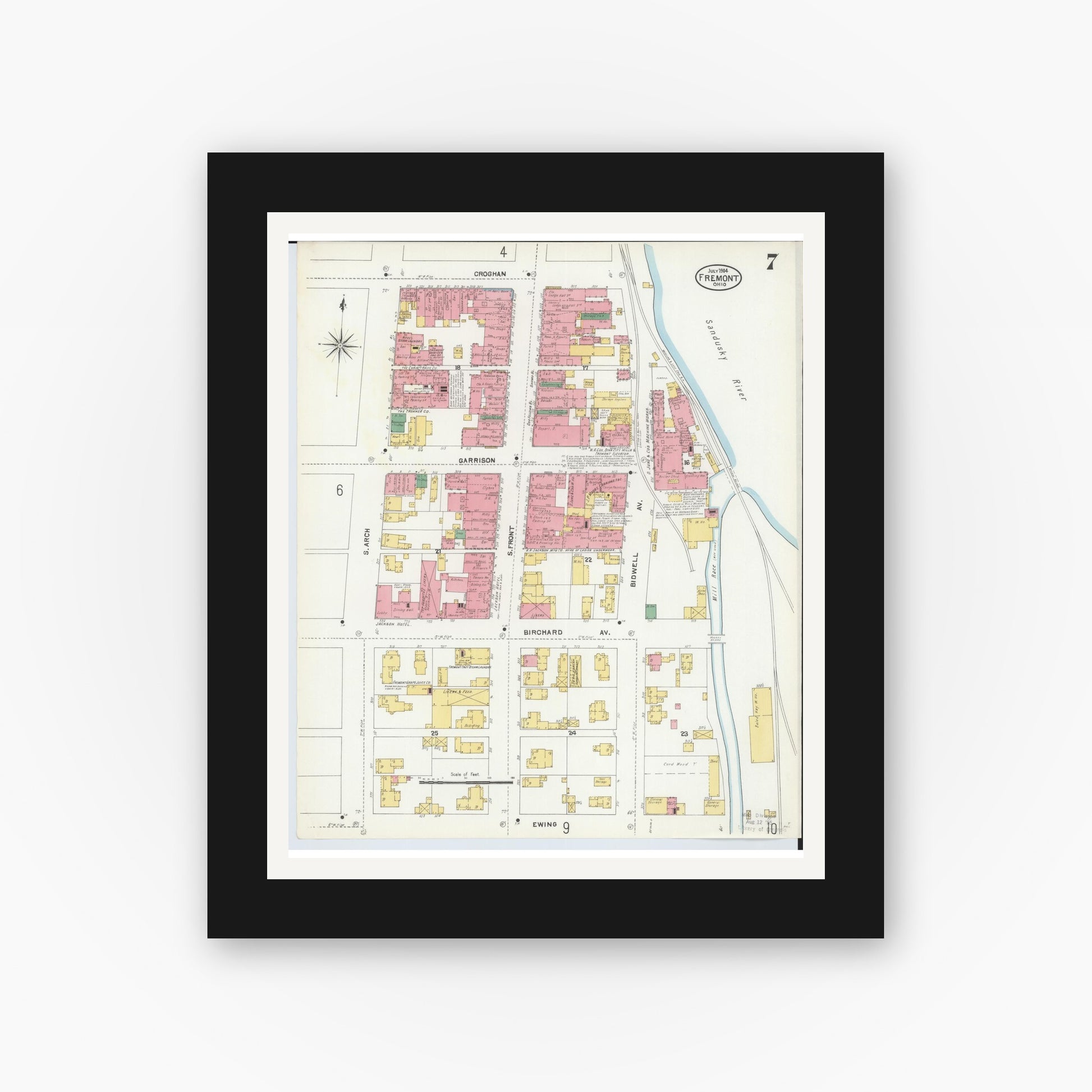 Old map wall art mockup — black gallery frame with white mat — Sanborn Fire Insurance Map from Fremont, Sandusky County, Ohio (1904), Sheet #0007