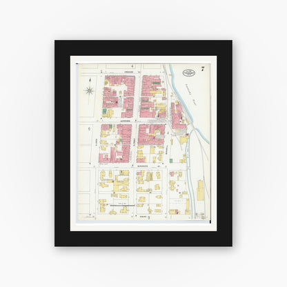 Old map wall art mockup — black gallery frame with white mat — Sanborn Fire Insurance Map from Fremont, Sandusky County, Ohio (1904), Sheet #0007