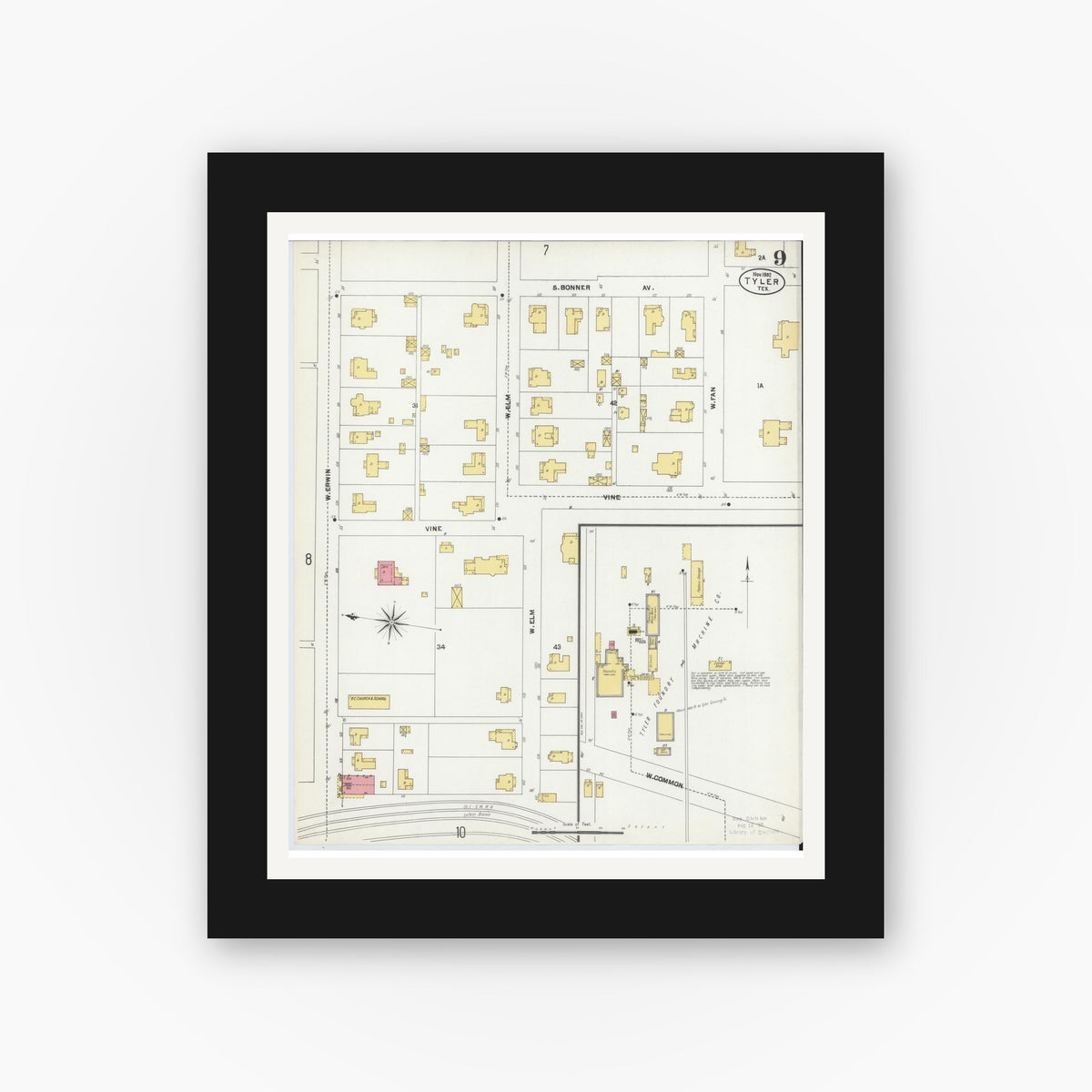 Old map wall art mockup — black gallery frame with white mat — Sanborn Fire Insurance Map from Tyler, Smith County, Texas (1902), Sheet #0009