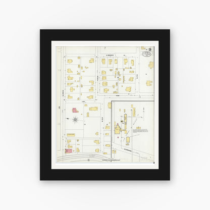 Old map wall art mockup — black gallery frame with white mat — Sanborn Fire Insurance Map from Tyler, Smith County, Texas (1902), Sheet #0009