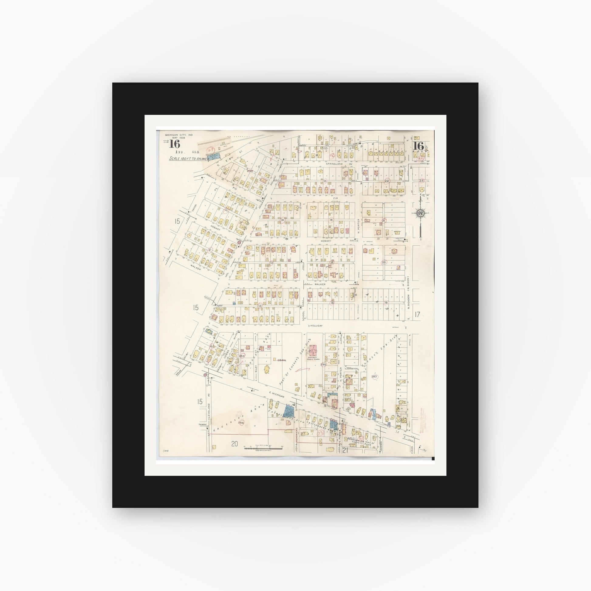 Old map wall art mockup — black gallery frame with white mat — Sanborn Fire Insurance Map from Michigan City, La Porte County, Indiana (1948), Sheet #0016