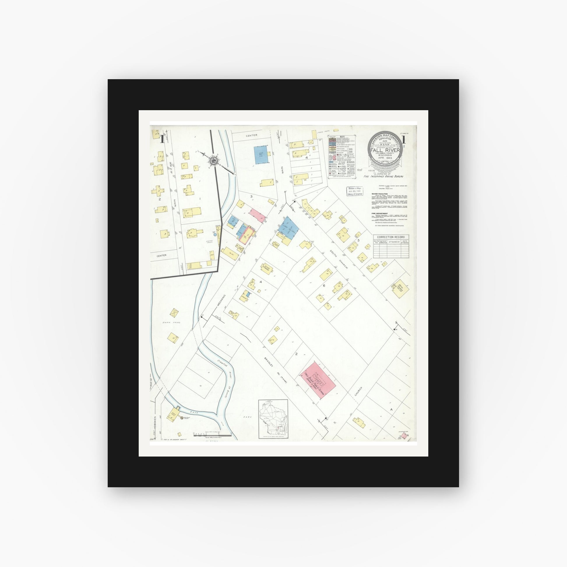 Old map wall art mockup — black gallery frame with white mat — Sanborn Fire Insurance Map from Fall River, Columbia County, Wisconsin (1943), Sheet #0001