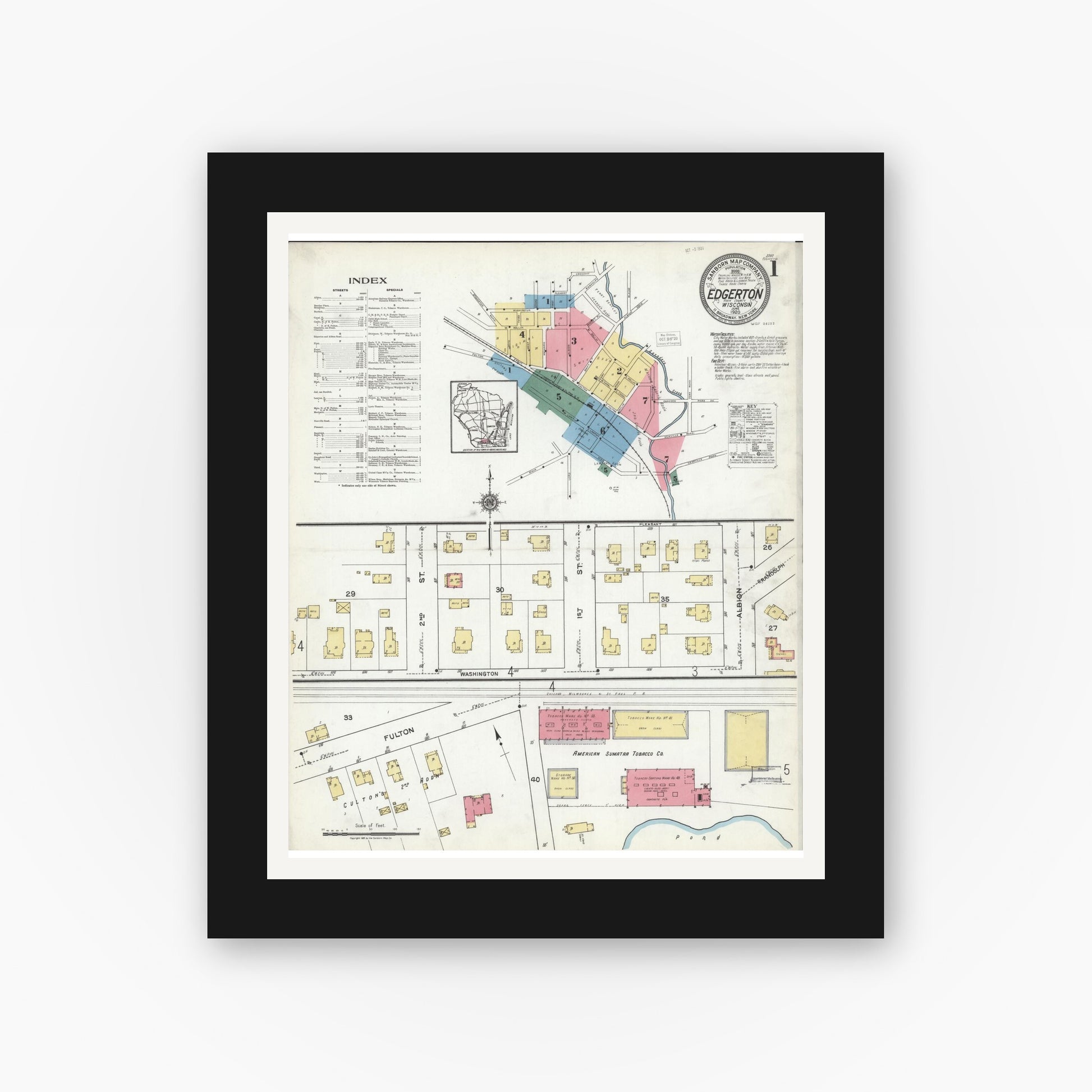 Old map wall art mockup — black gallery frame with white mat — Sanborn Fire Insurance Map from Edgerton, Rock County, Wisconsin (1920) - Complete Map Set