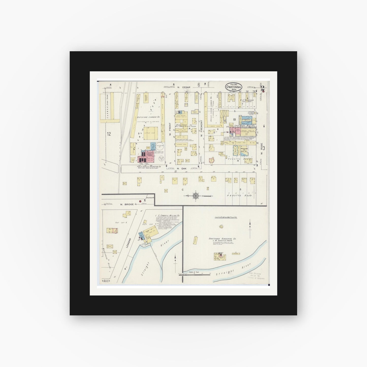 Old map wall art mockup — black gallery frame with white mat — Sanborn Fire Insurance Map from Owatonna, Steele County, Minnesota (1915), Sheet #0002