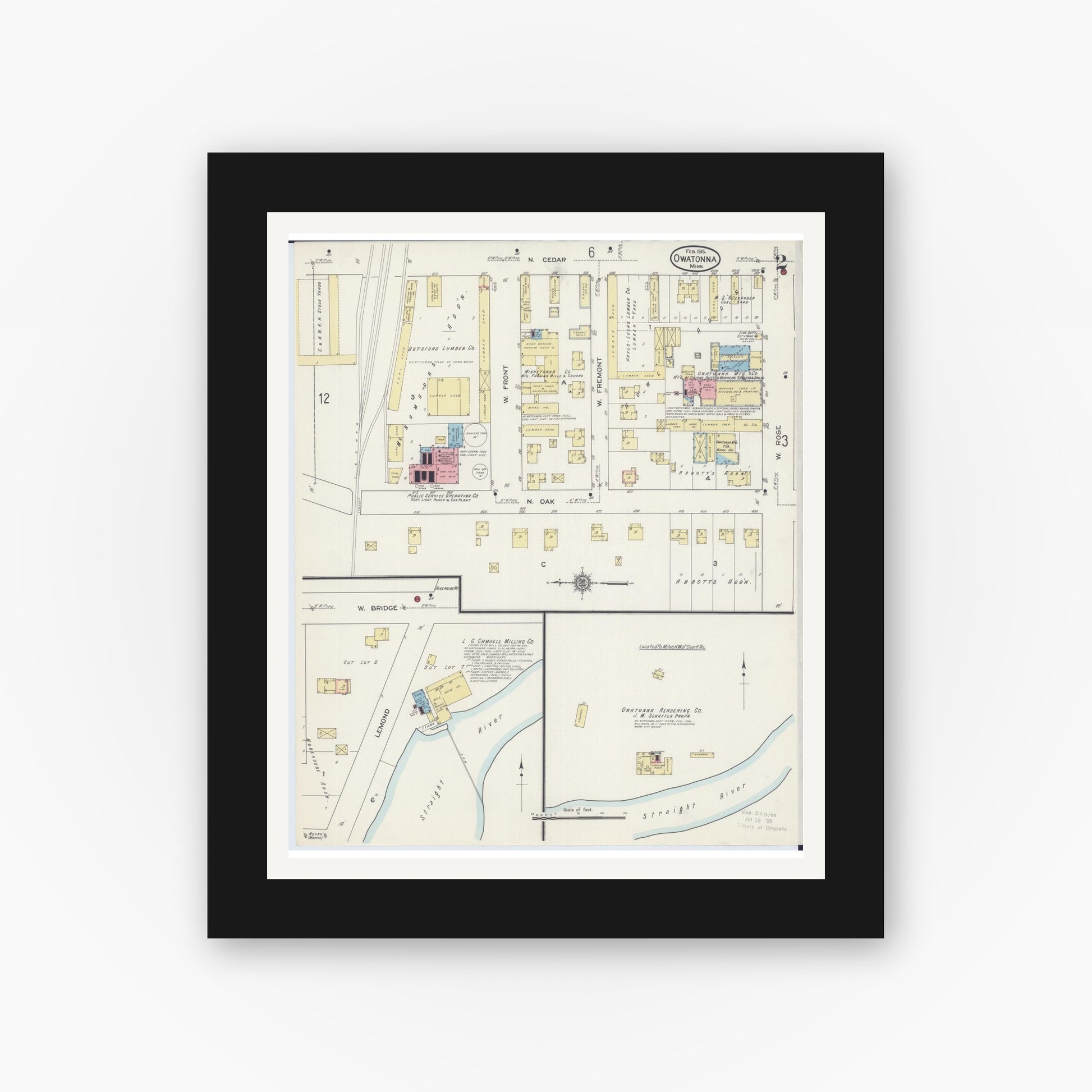 Old map wall art mockup — black gallery frame with white mat — Sanborn Fire Insurance Map from Owatonna, Steele County, Minnesota (1915), Sheet #0002