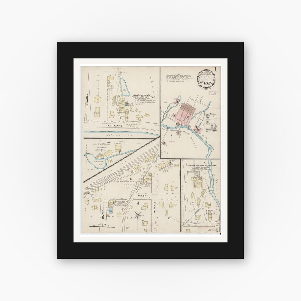Old map wall art mockup — black gallery frame with white mat — Sanborn Fire Insurance Map from Walton, Delaware County, New York (1886) - Complete Map Set