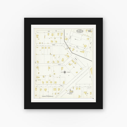 Old map wall art mockup — black gallery frame with white mat — Sanborn Fire Insurance Map from Commerce, Hunt County, Texas (1911), Sheet #0012