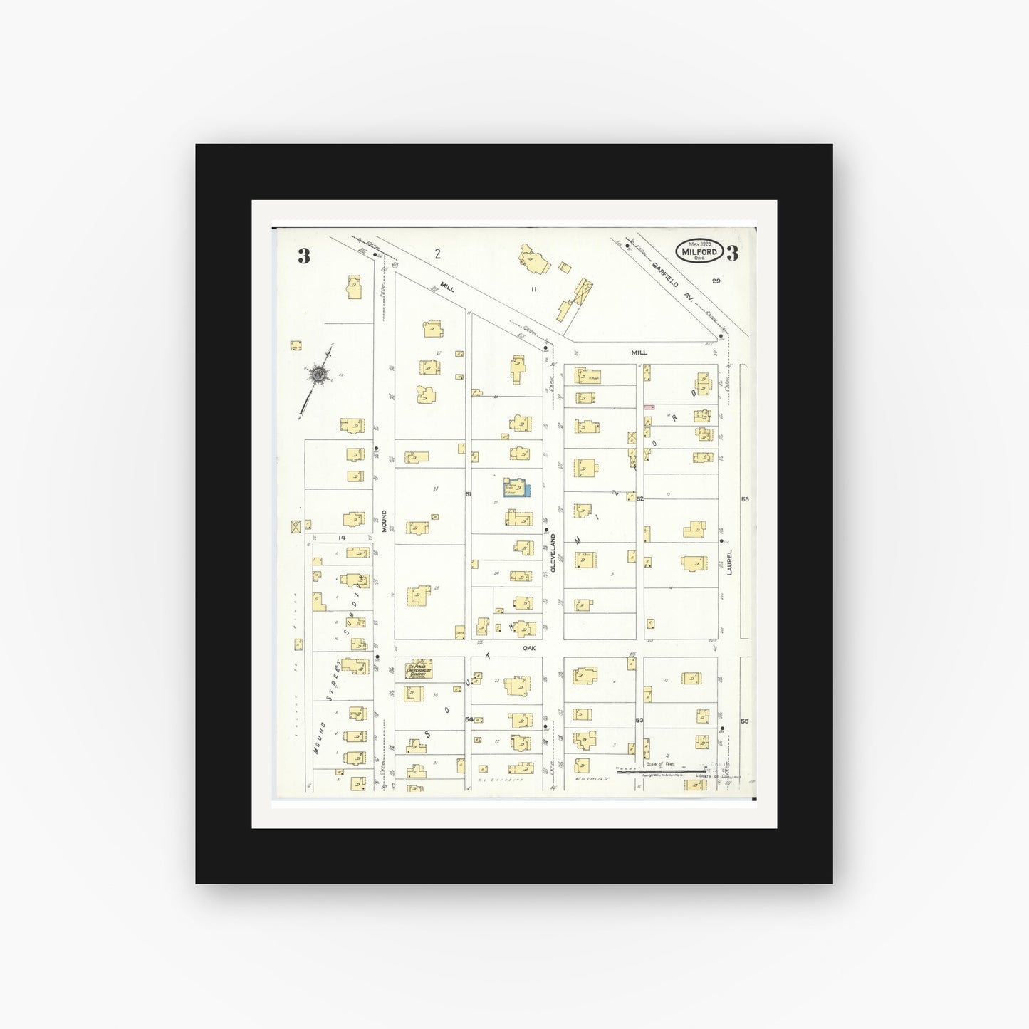 Old map wall art mockup — black gallery frame with white mat — Sanborn Fire Insurance Map from Milford, Clermont And Hamilton County, Ohio (1925), Sheet #0003