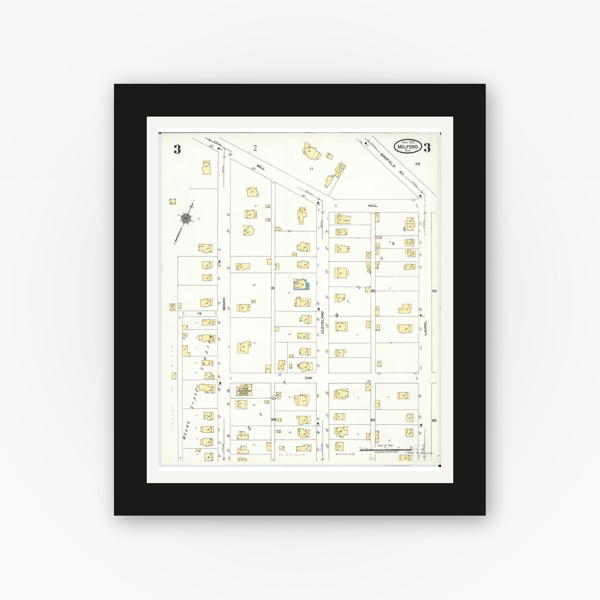 Old map wall art mockup — black gallery frame with white mat — Sanborn Fire Insurance Map from Milford, Clermont And Hamilton County, Ohio (1925), Sheet #0003