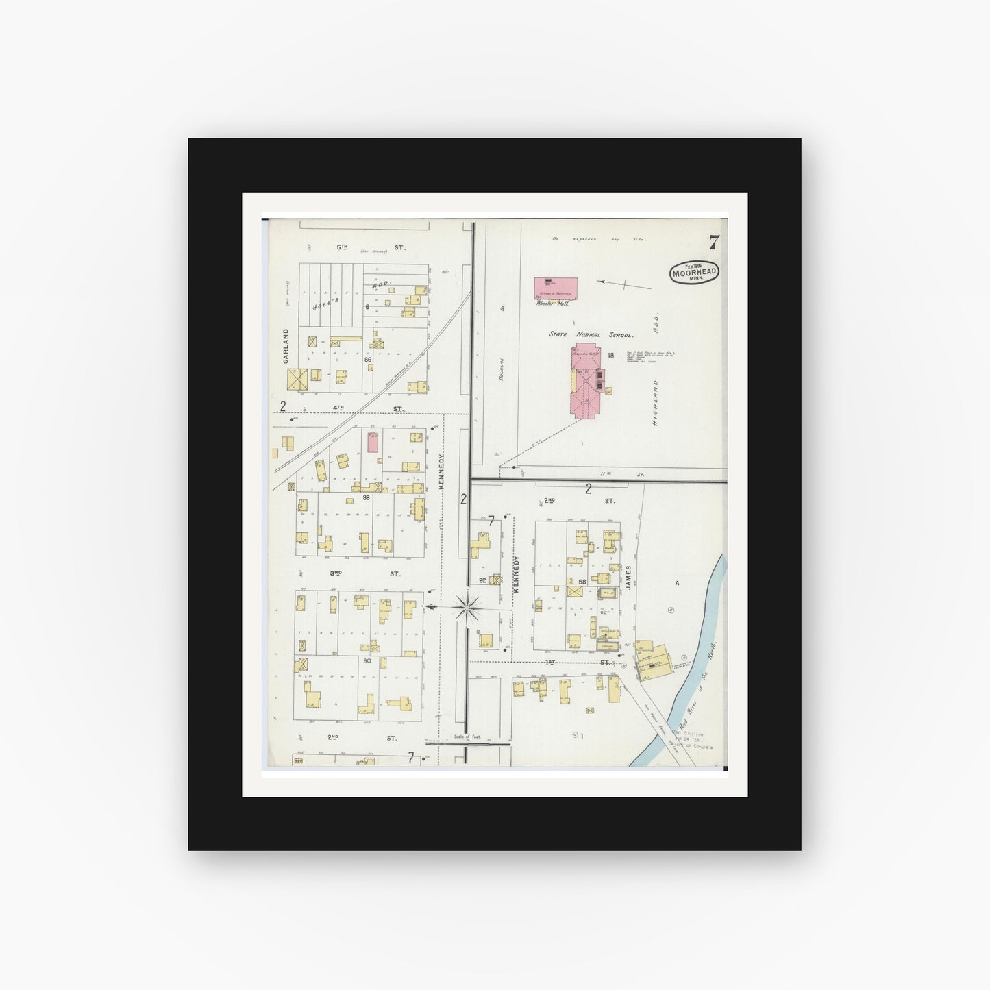 Old map wall art mockup — black gallery frame with white mat — Sanborn Fire Insurance Map from Moorhead, Clay County, Minnesota (1896), Sheet #0007